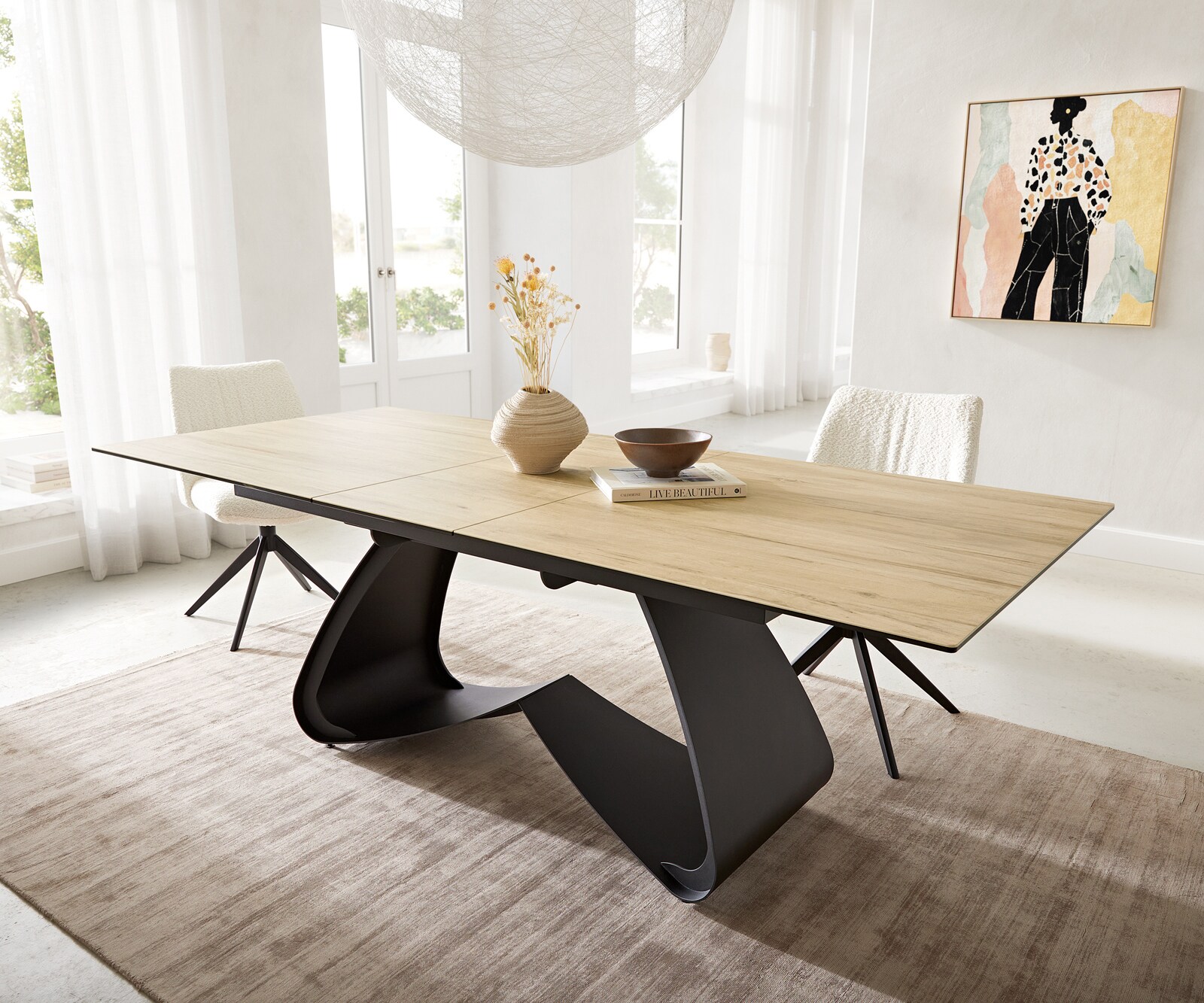 Esstisch Edge 180-220x100 Keramik Laminam® Sabbia Eichefarbig W-Gestell Schwarz ausziehbar 1