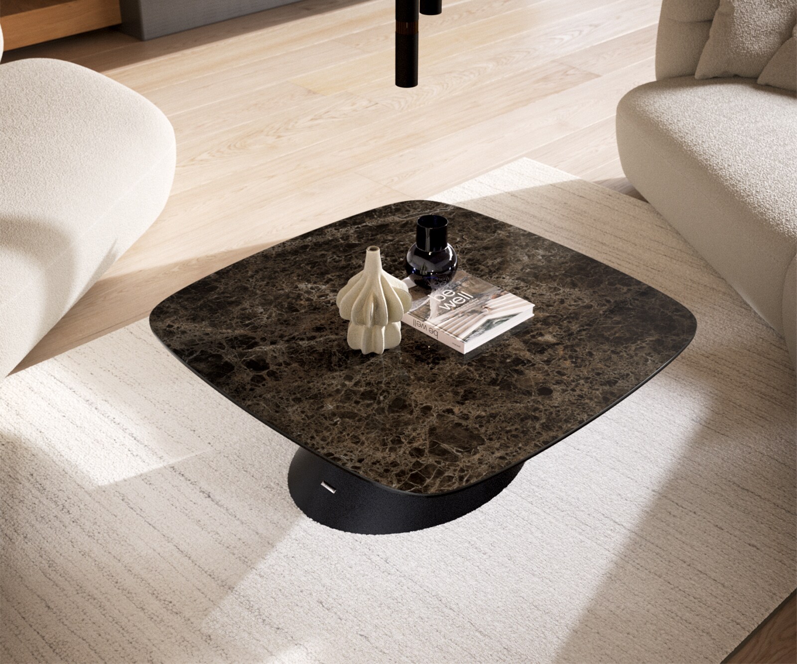 Couchtisch Edge Boot 90x90 cm Keramik Emperador Extra Lucidato Dunkelbraun Conis Metall Schwarz 3