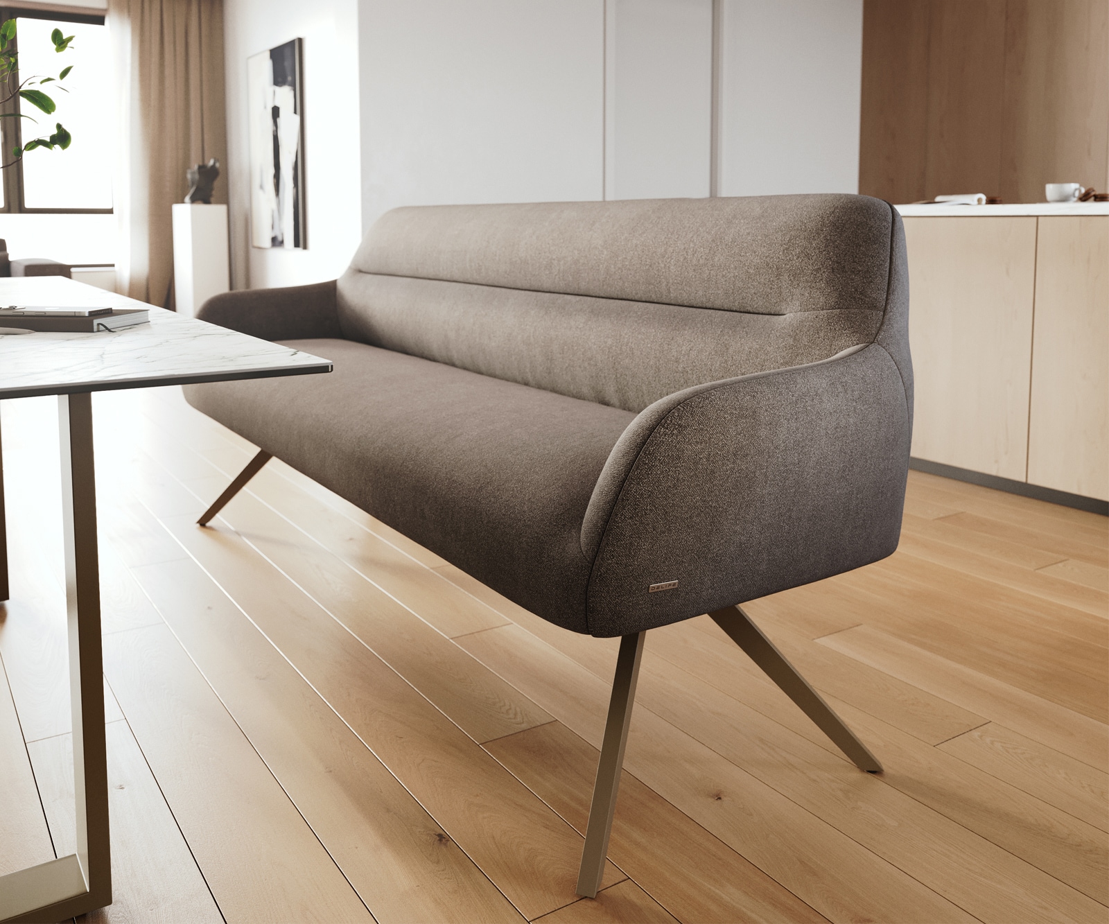 Esszimmerbank Taya-Flex 200 cm Strukturstoff Soft Taupe Kreuzgestell kantig Effektfinish Titan Taschenfederkern 5