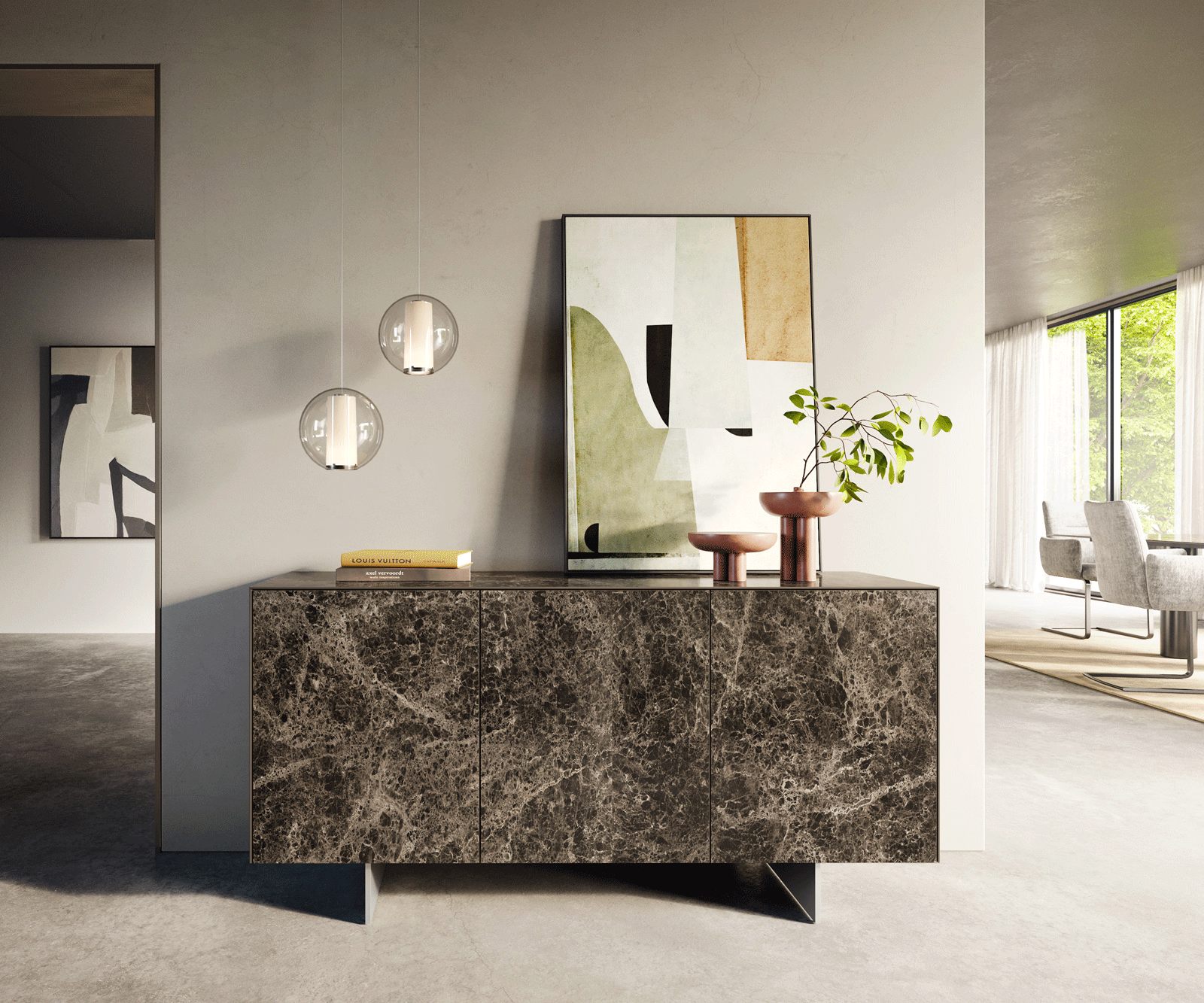 Sideboard Cuor 150 cm Keramik Laminam® Emperador Extra Lucidato Dunkelbraun 3 Türen Fuß Schwebeoptik Edelstahl 2
