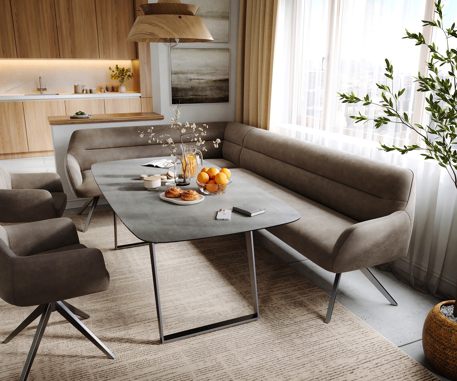 Esszimmerbank Taya-Flex 285x190 cm Mikrofaser Taupe Vintage Kreuzgestell kantig Graphit Taschenfederkern Rechts 1