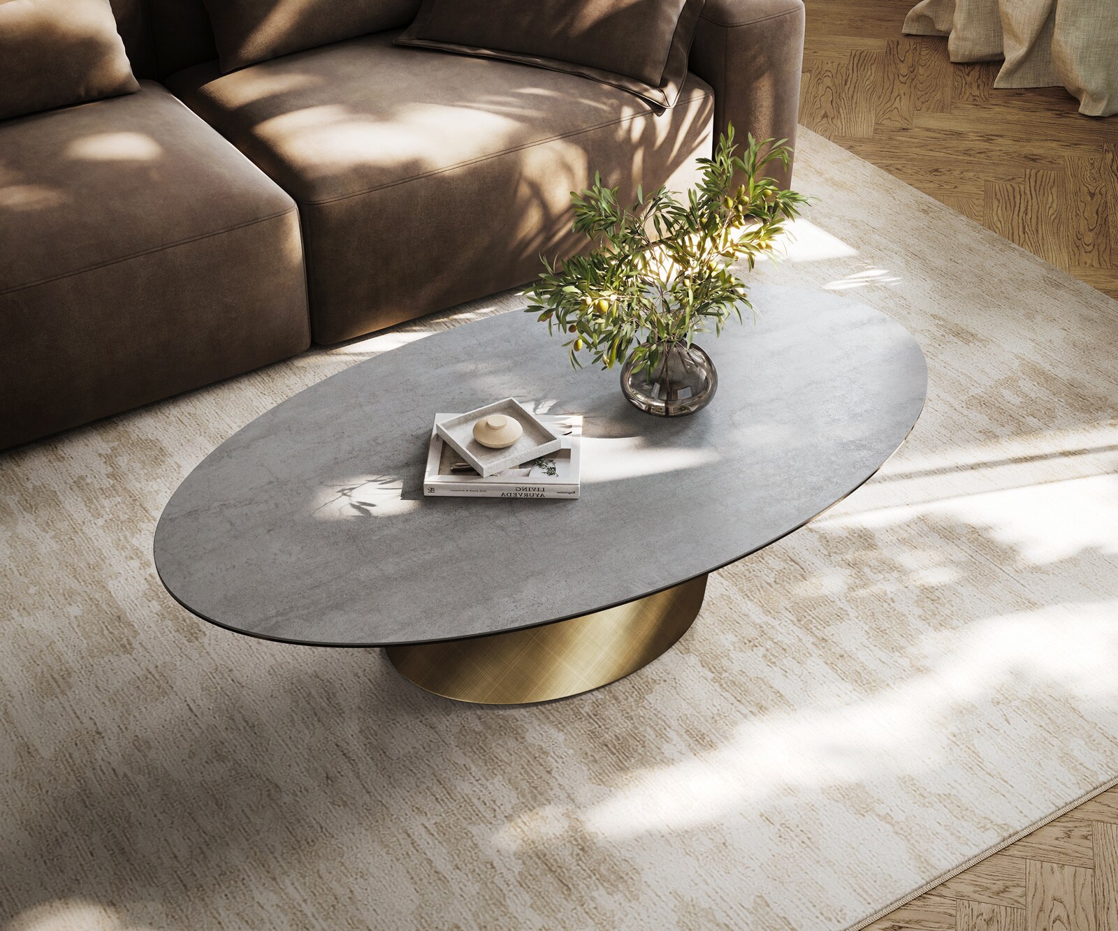 Couchtisch Edge Oval 140x80 cm Keramik Beton Grau Conis Metallic Gold 3