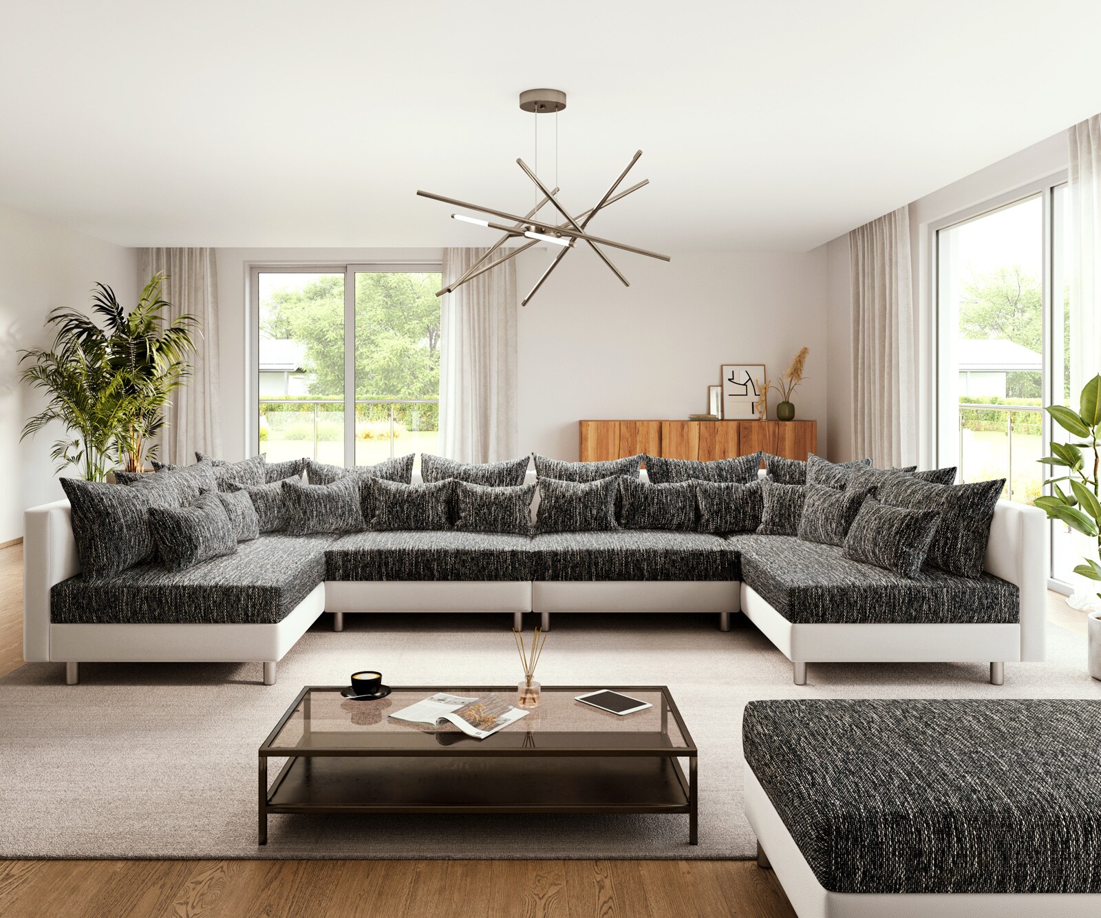 Wohnlandschaft Clovis XL Weiss Schwarz mit Hocker modular 1