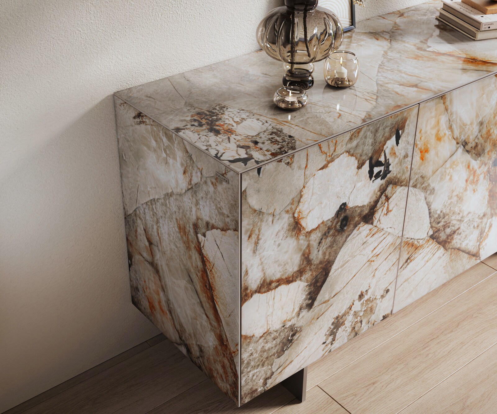 Sideboard Cuor 150 cm Keramik Patagonia Poliert 3 Türen Fuß Schwebeoptik Edelstahl 6