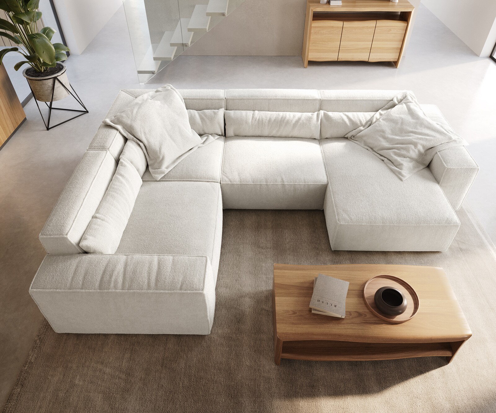 Wohnlandschaft Sirpio 300x210 cm Bouclé Creme-Weiß Recamiere variabel 4