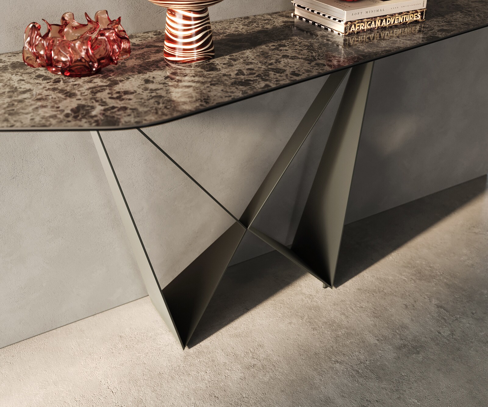 Konsolentisch Edge Polygonal 180x50 cm Keramik Emperador Extra Lucidato Dunkelbraun Spios Metall Effektfinish Titan 5