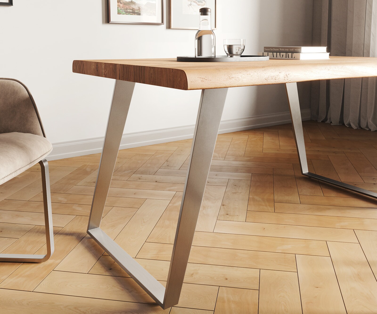 Esstisch Edge 140x90 XL Akazie Natur Edelstahl Schräg Live-Edge 4
