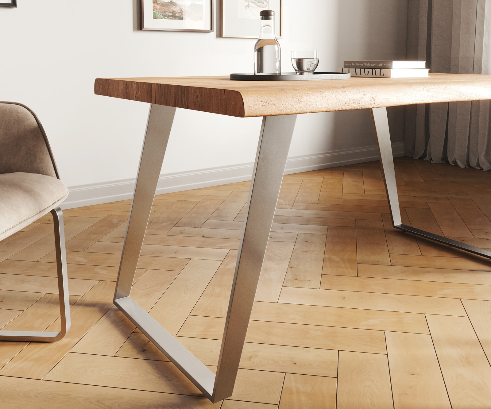 Esszimmertisch Edge Akazie Natur 140x90 XL Edelstahl Schräg Live-Edge