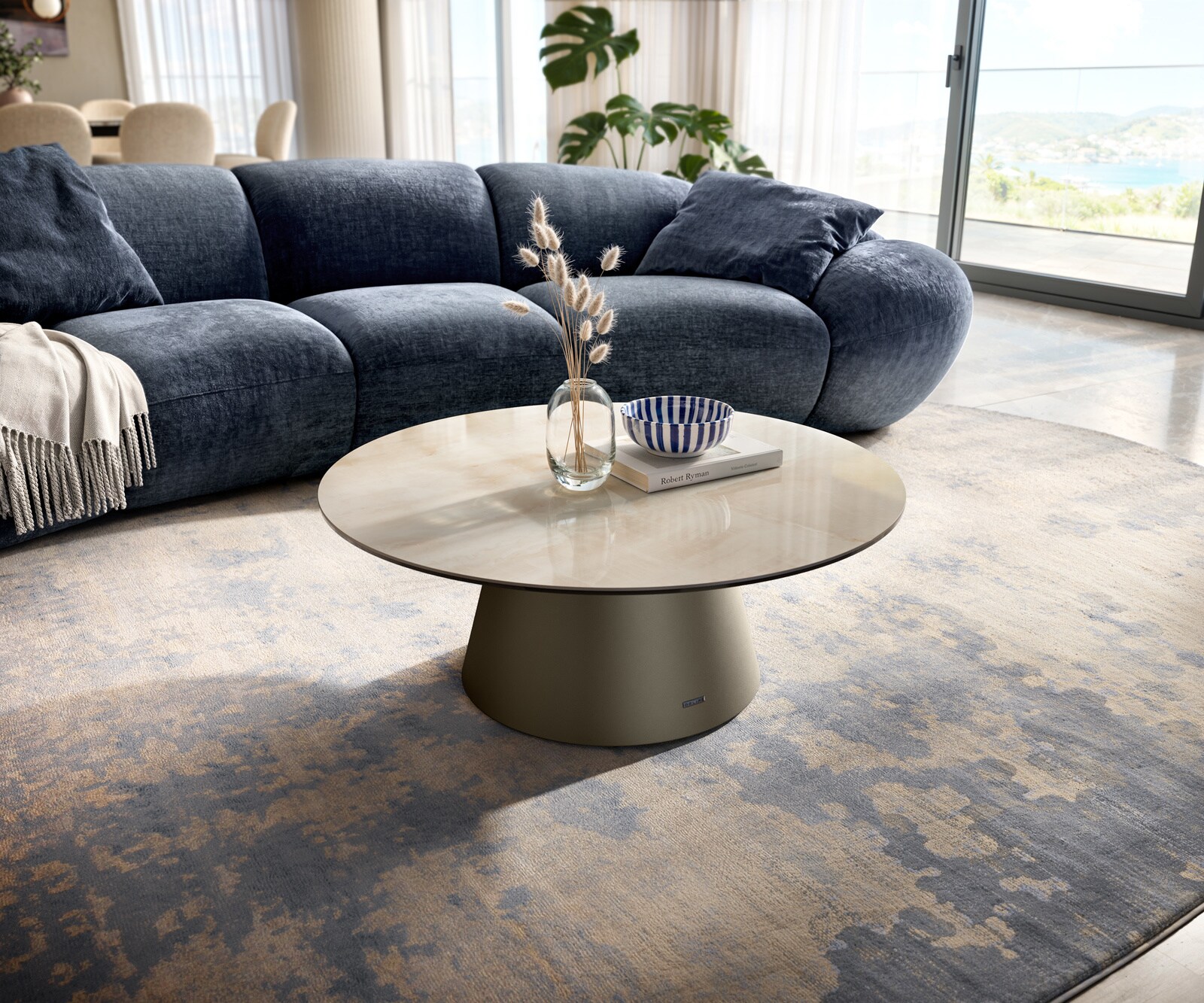 Couchtisch Edge Rund 90x90 cm Keramik Onyx Champagne Borna Effektfinish Titan