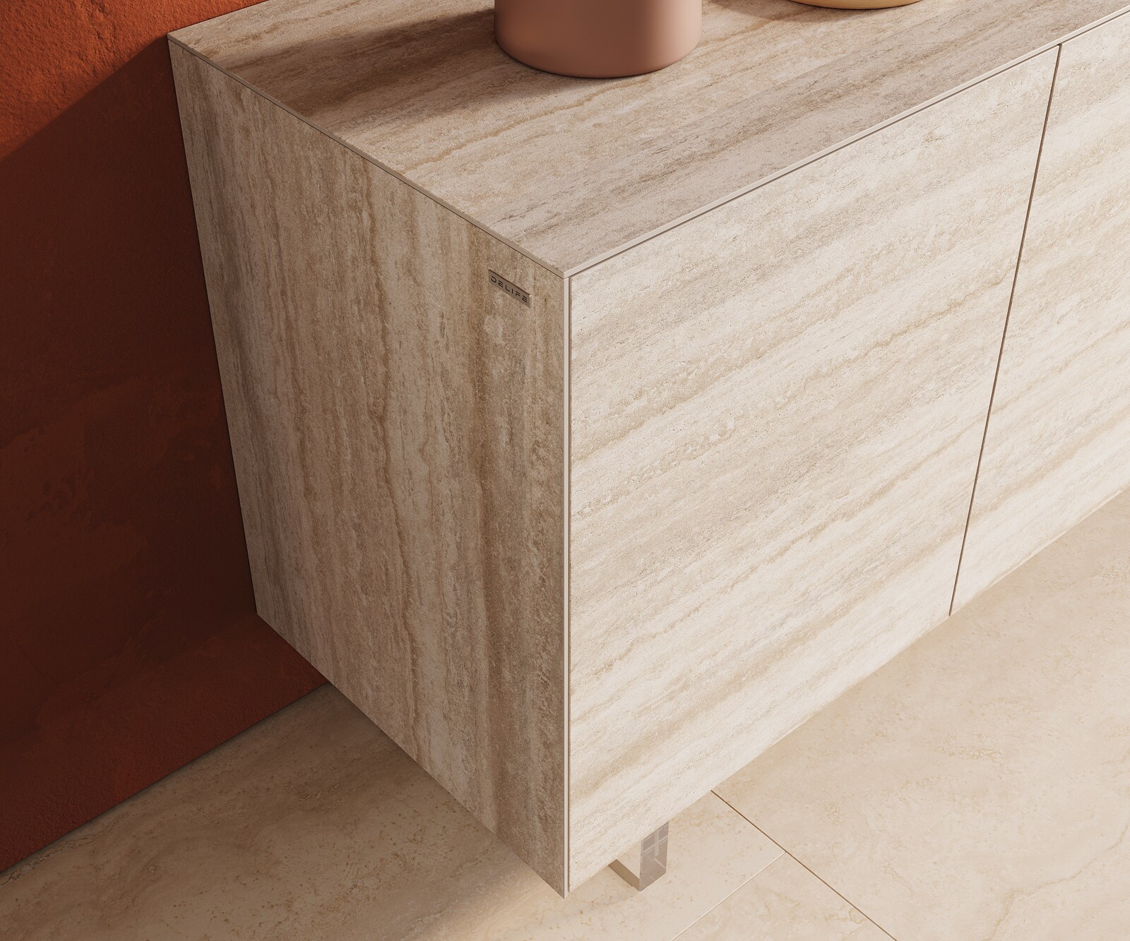 Sideboard Cuor 150 cm Keramik Laminam® Travertino Bianco Creme-Weiß 3 Türen Fuß Schwebeoptik Acrylglas 6