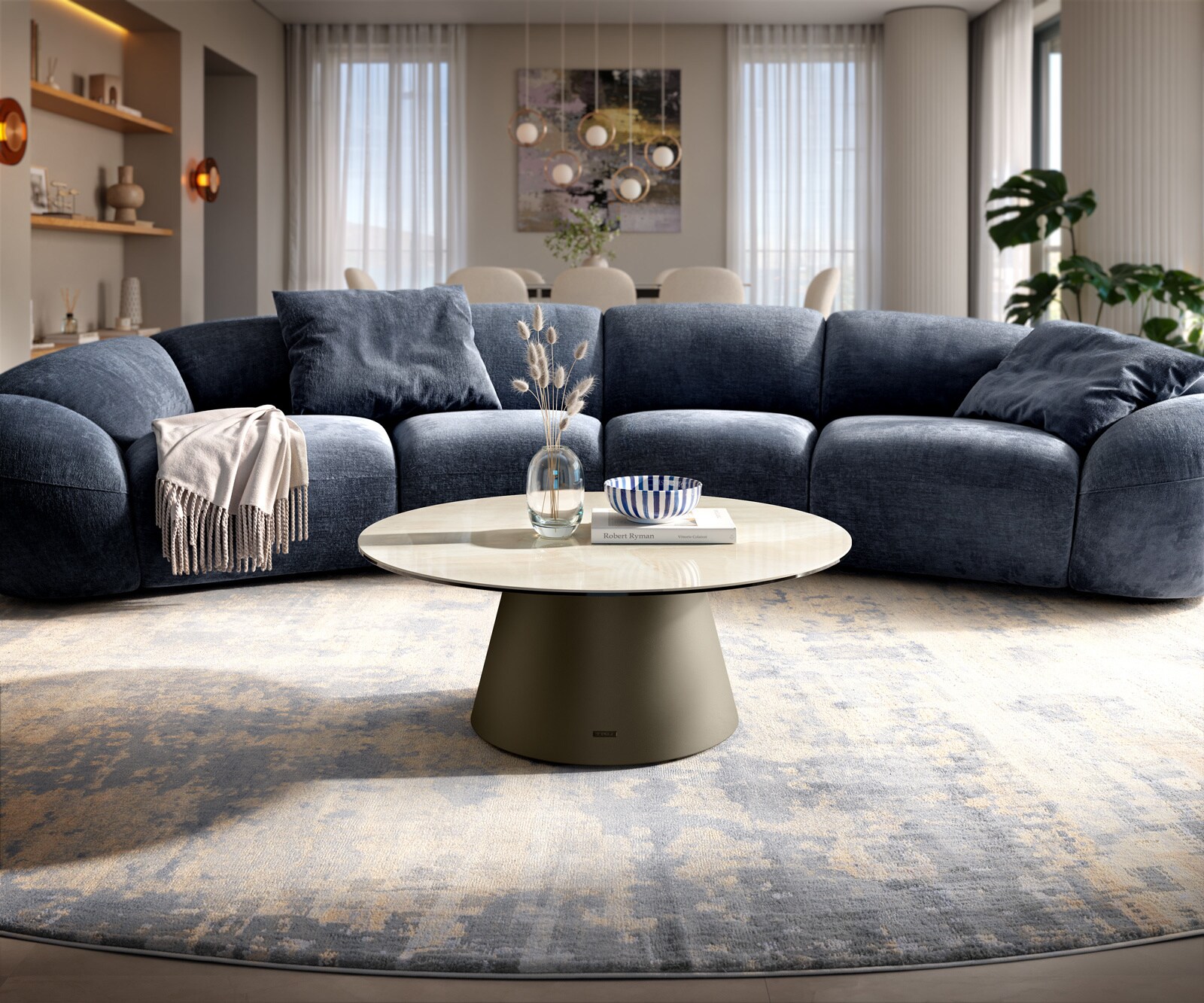 Couchtisch Edge Rund 90x90 cm Keramik Onyx Champagne Borna Effektfinish Titan 1