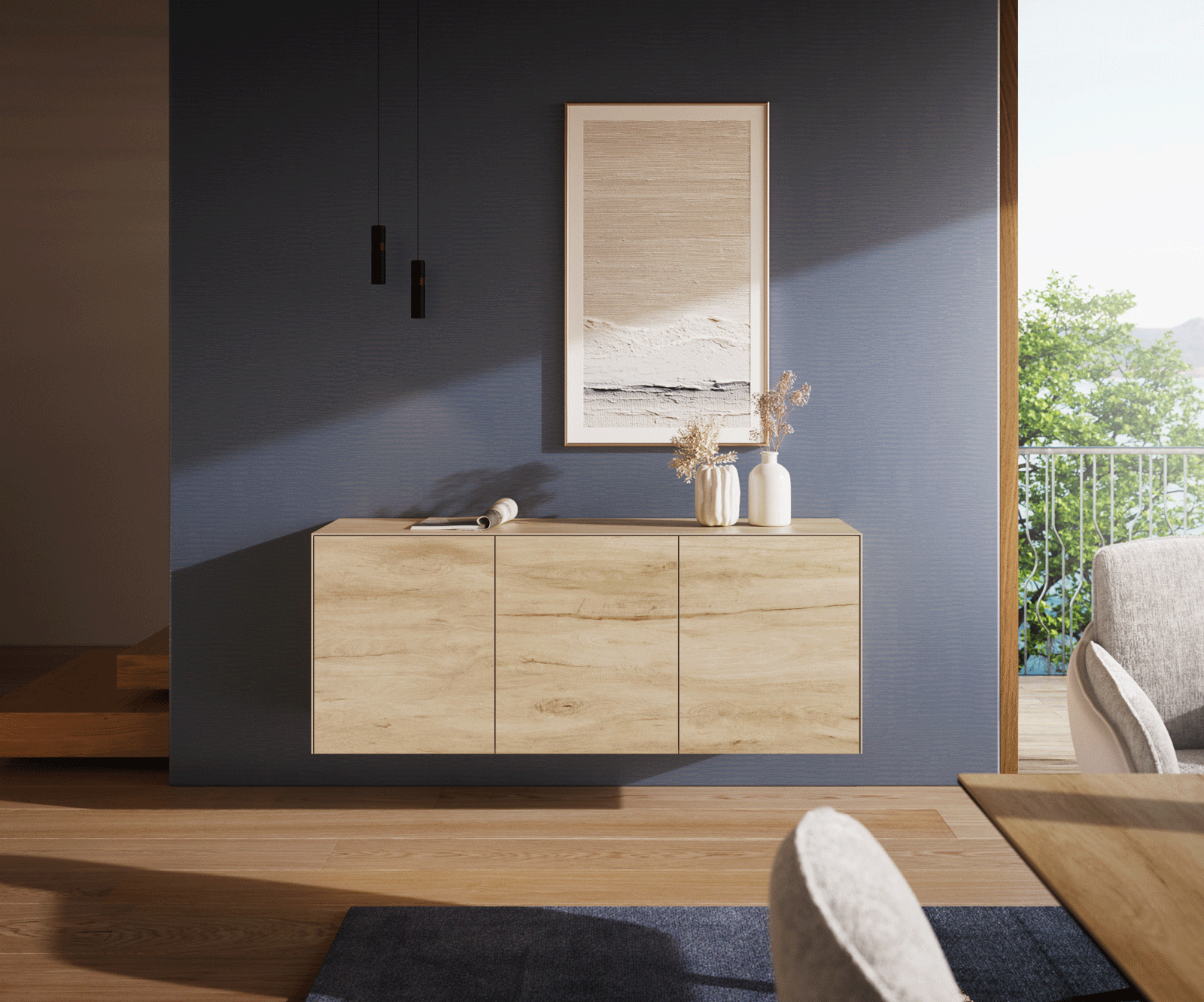 Sideboard Cuor 150 cm Keramik Laminam® Sabbia Eichefarbig 3 Türen Schwebend 1