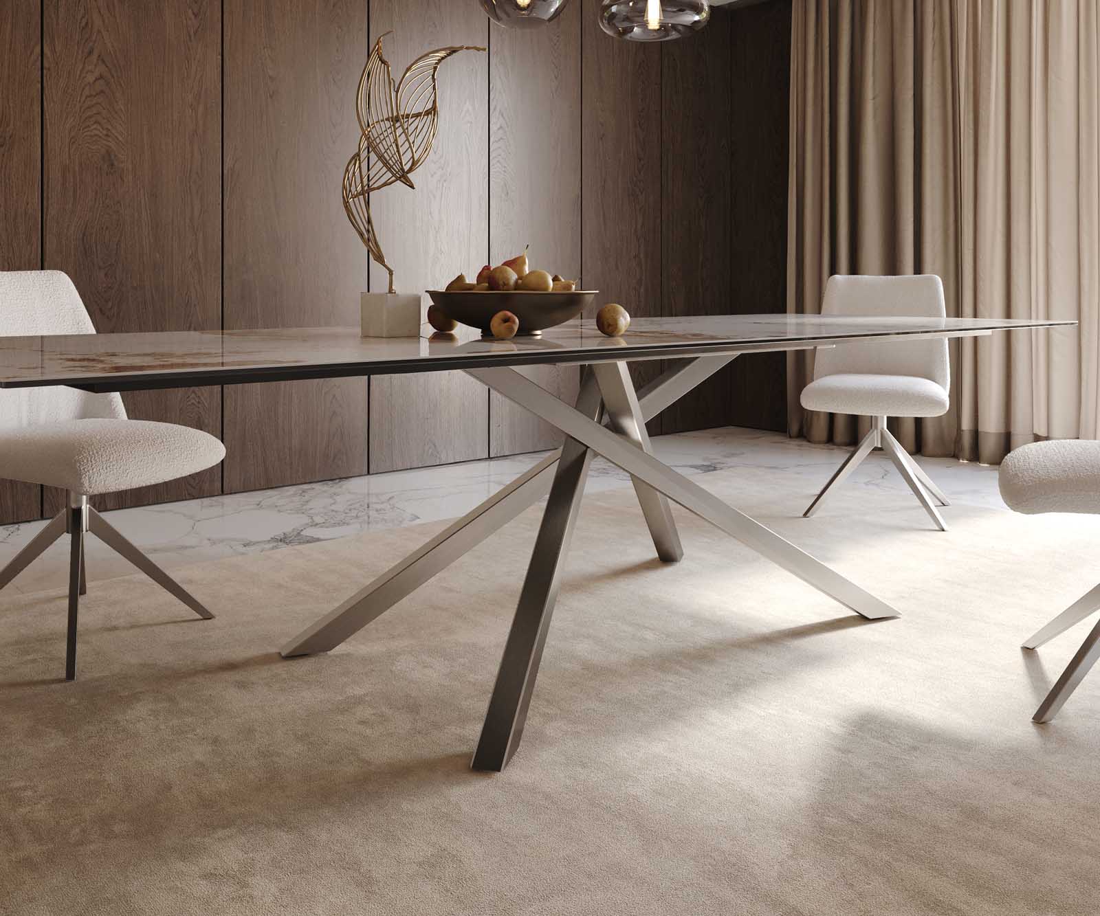 Esstisch Edge 300x100 Keramik Minas Melange Weiß-Beige Kreuzgestell Rechteck Edelstahl 7