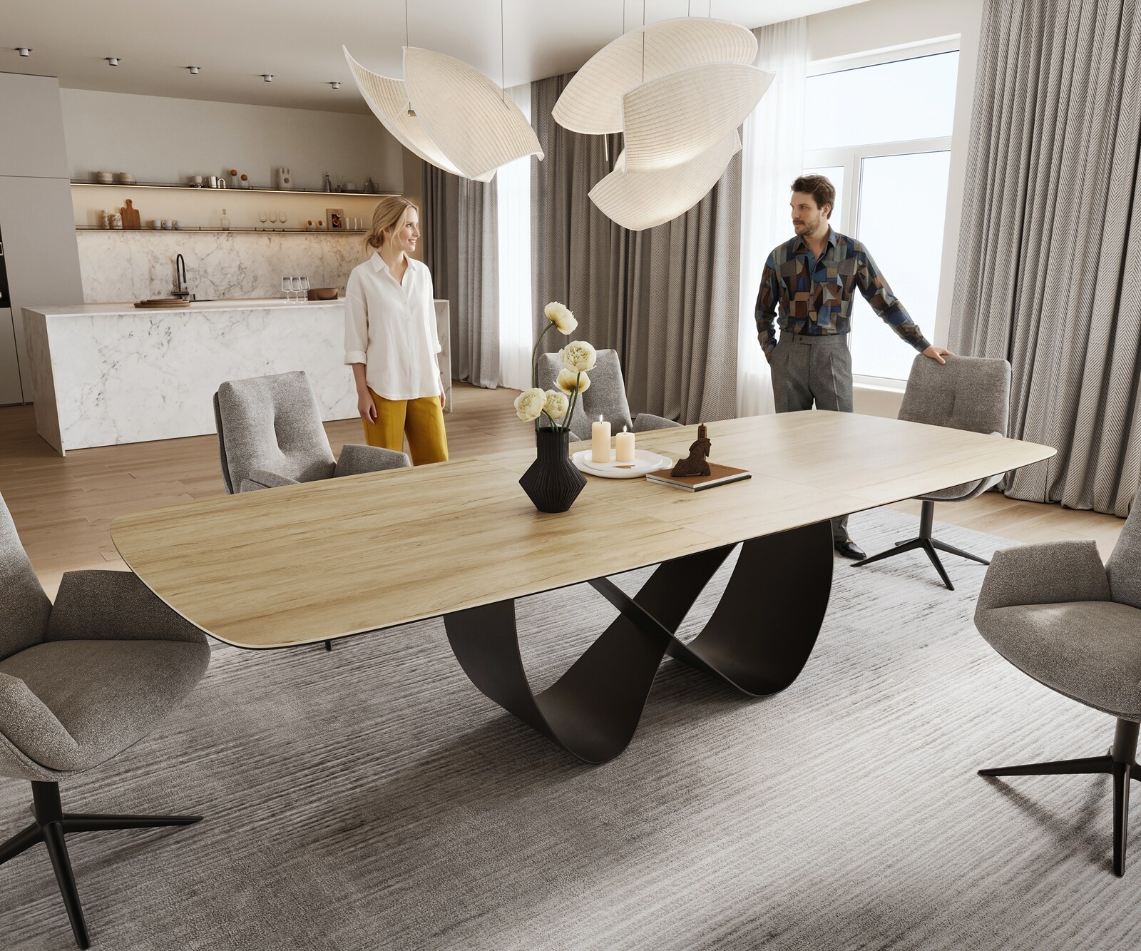 Esstisch Edge Boot 240-300x120 cm Keramik Laminam® Sabbia Eichefarbig Infinity Metall Schwarz ausziehbar 1