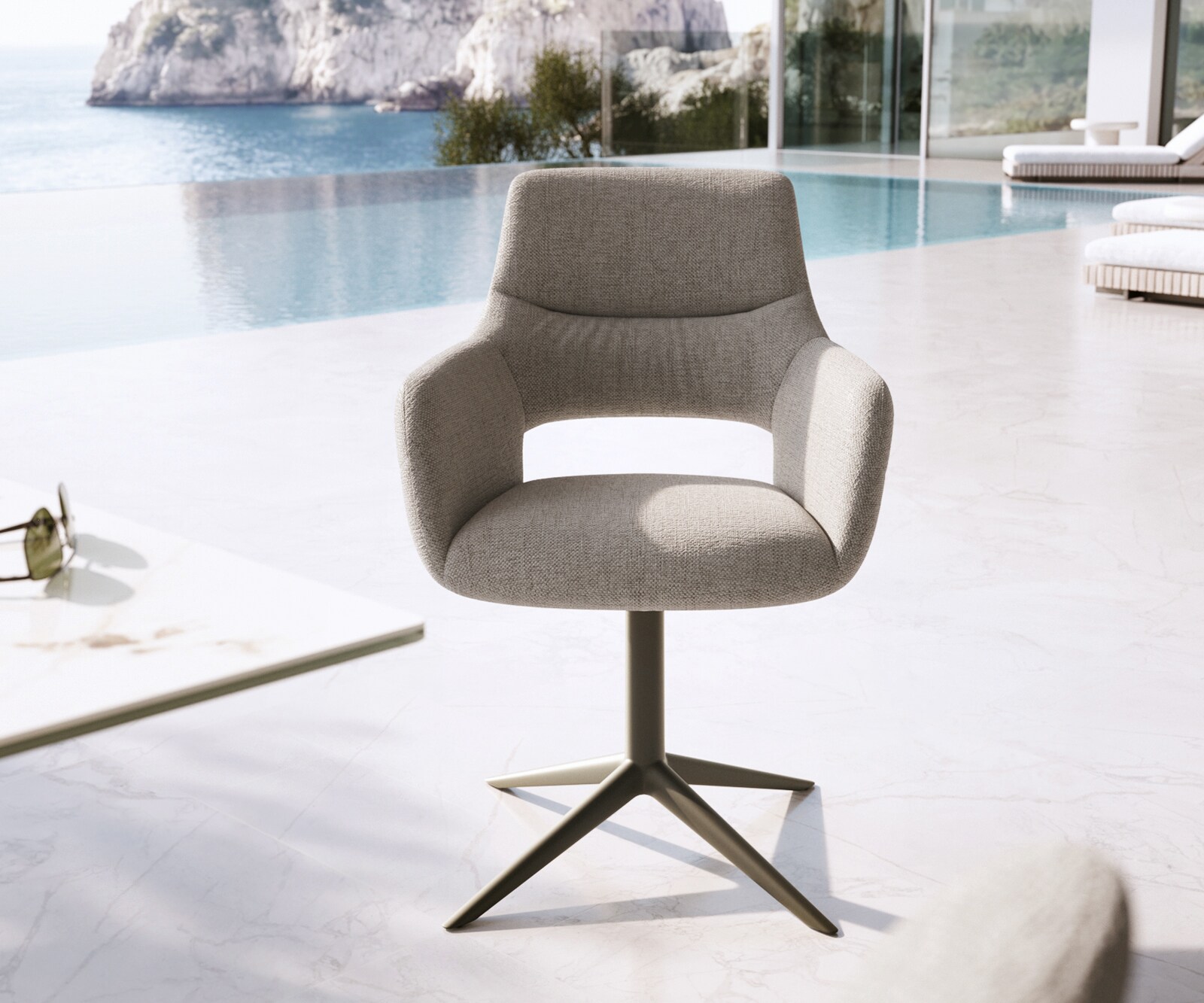 Outdoorstuhl Yago-Flex mit Armlehnen Strukturstoff Grau-Weiß Fußkreuz Effektfinish Titan 360° drehbar Wippfunktion 2