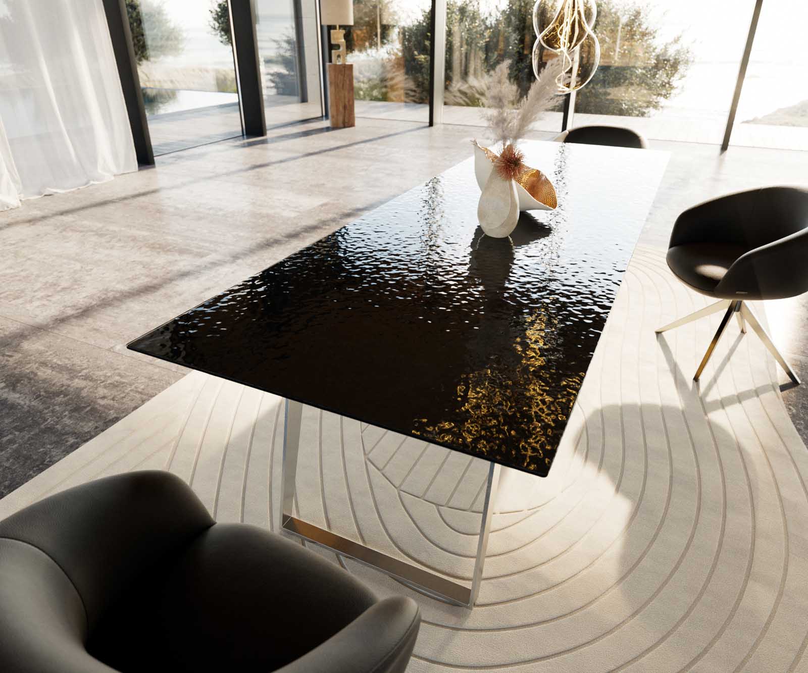 Esstisch Edge 300x100 Reliefglas Rauchschwarz 3D-Design Edelstahl Schräg 6