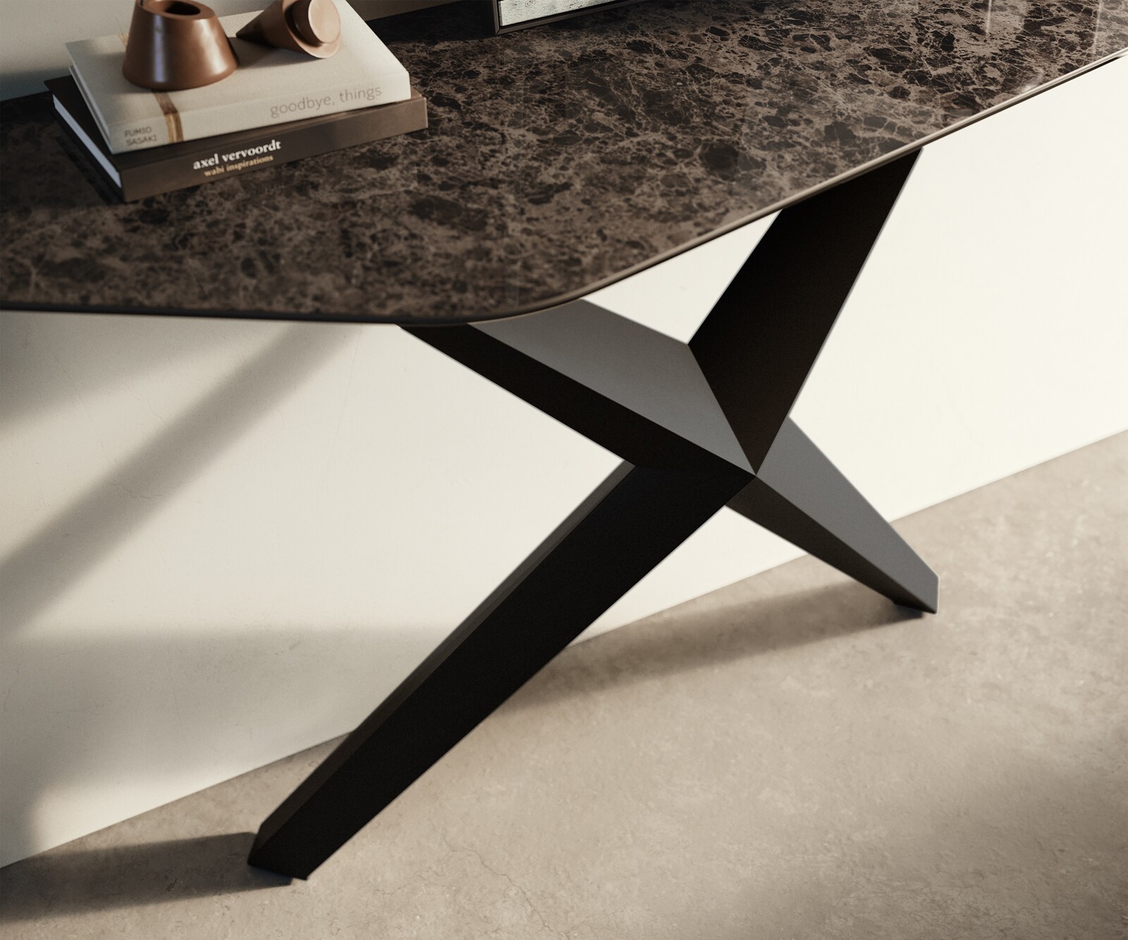 Konsolentisch Edge Polygonal 140x50 cm Keramik Emperador Extra Lucidato Dunkelbraun Zentharo Metall Schwarz 6