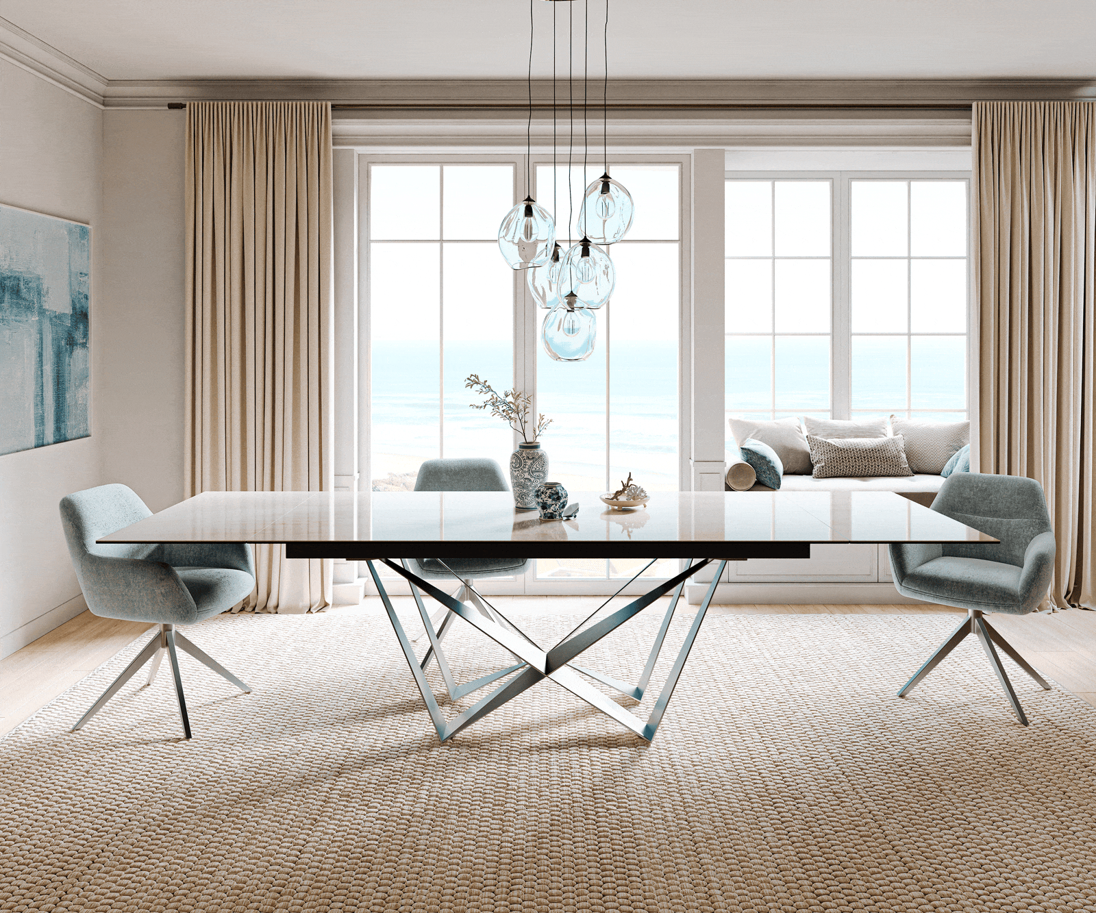 Esstisch Edge 200-300x100 cm Keramik Onyx Champagne Spider Flachstahl Edelstahl ausziehbar 2