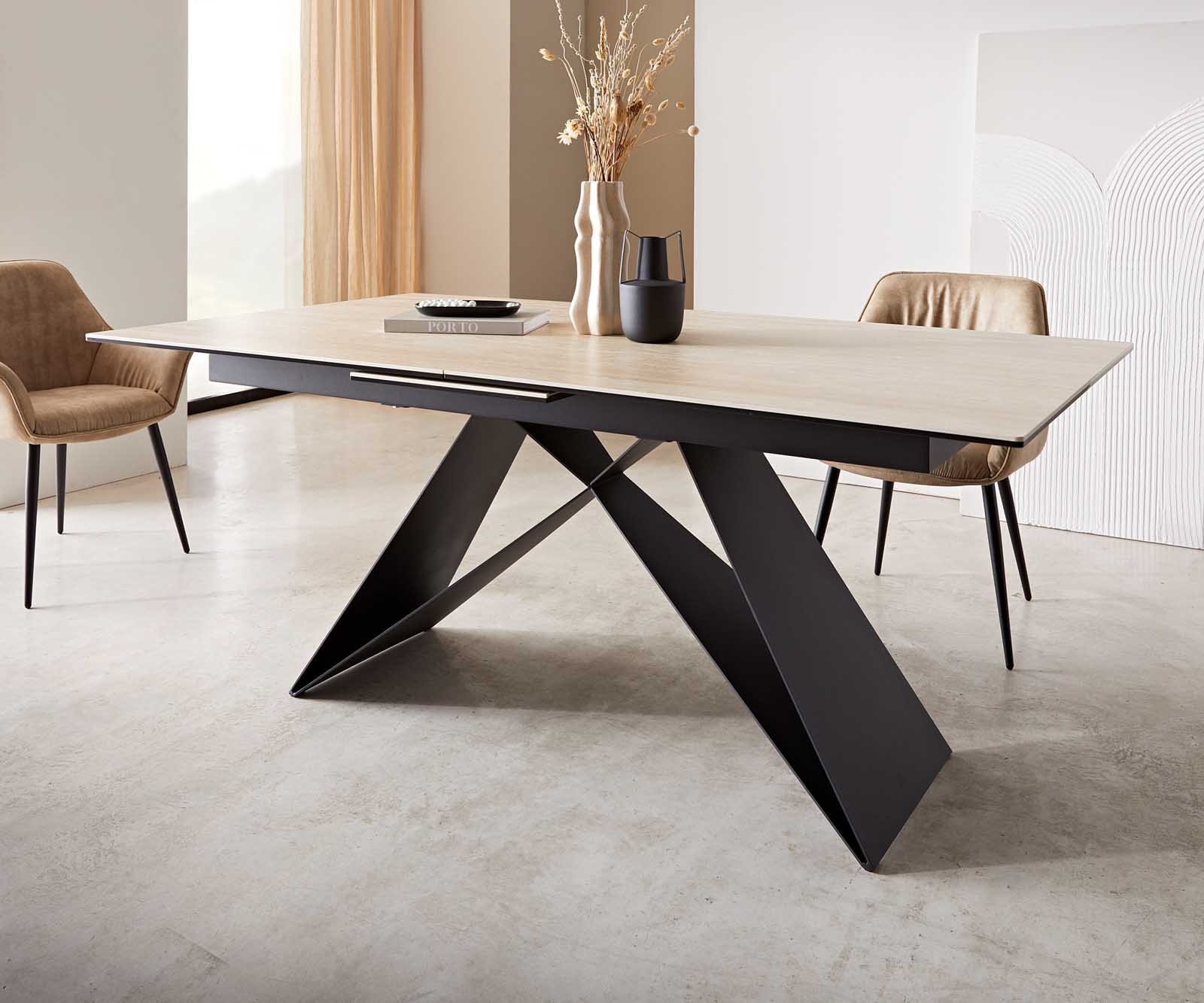 Esstisch Edge 180-220x100 Keramik Travertin Natur V-Gestell Flachstahl Schwarz ausziehbar 5