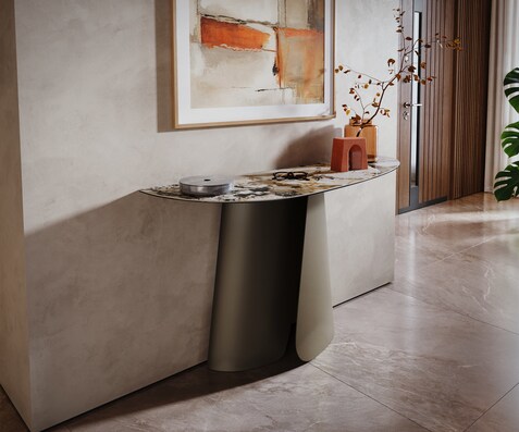Konsolentisch Edge Oval 140x40 cm Keramik Patagonia Poliert Livos Metall Effektfinish Titan