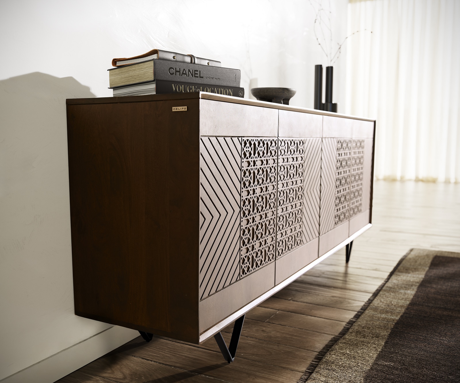 Sideboard Manjula 170 cm Mango Braun 4 Türen V-Fuß Metall Schwarz 5