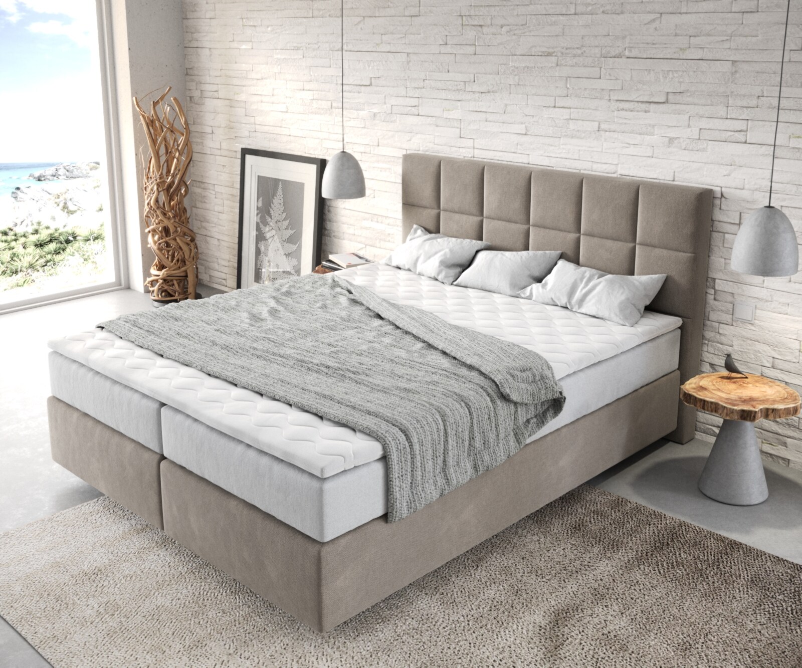 Boxspringbett Dream-Fine 160x200 cm Mikrofaser Beige mit TFK Matratze und Visco Topper 3