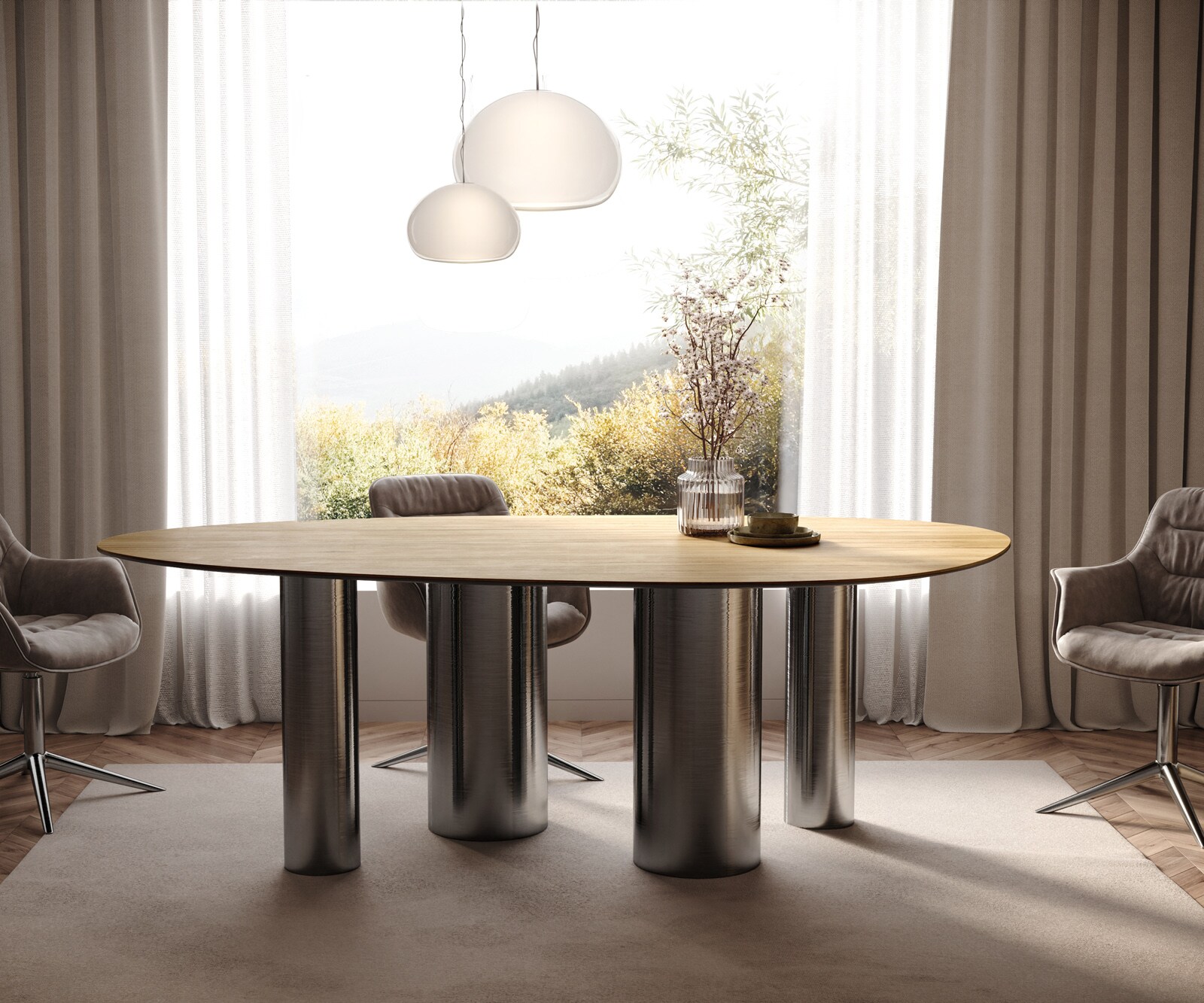 Esstisch Edge Oval 220x120 Keramik Laminam® Sabbia Eichefarbig Pilier Edelstahl Graphit 2