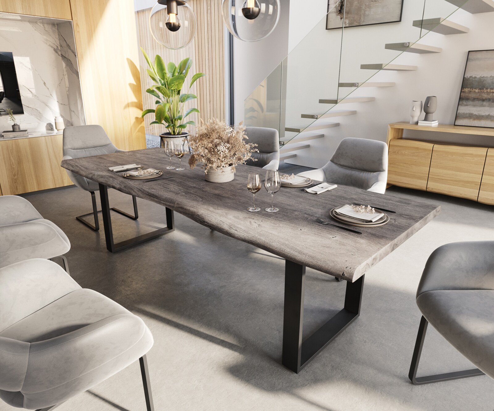 Esstisch Edge 260x100 XL Akazie Platin Metall Schmal schwarz Live-Edge 1