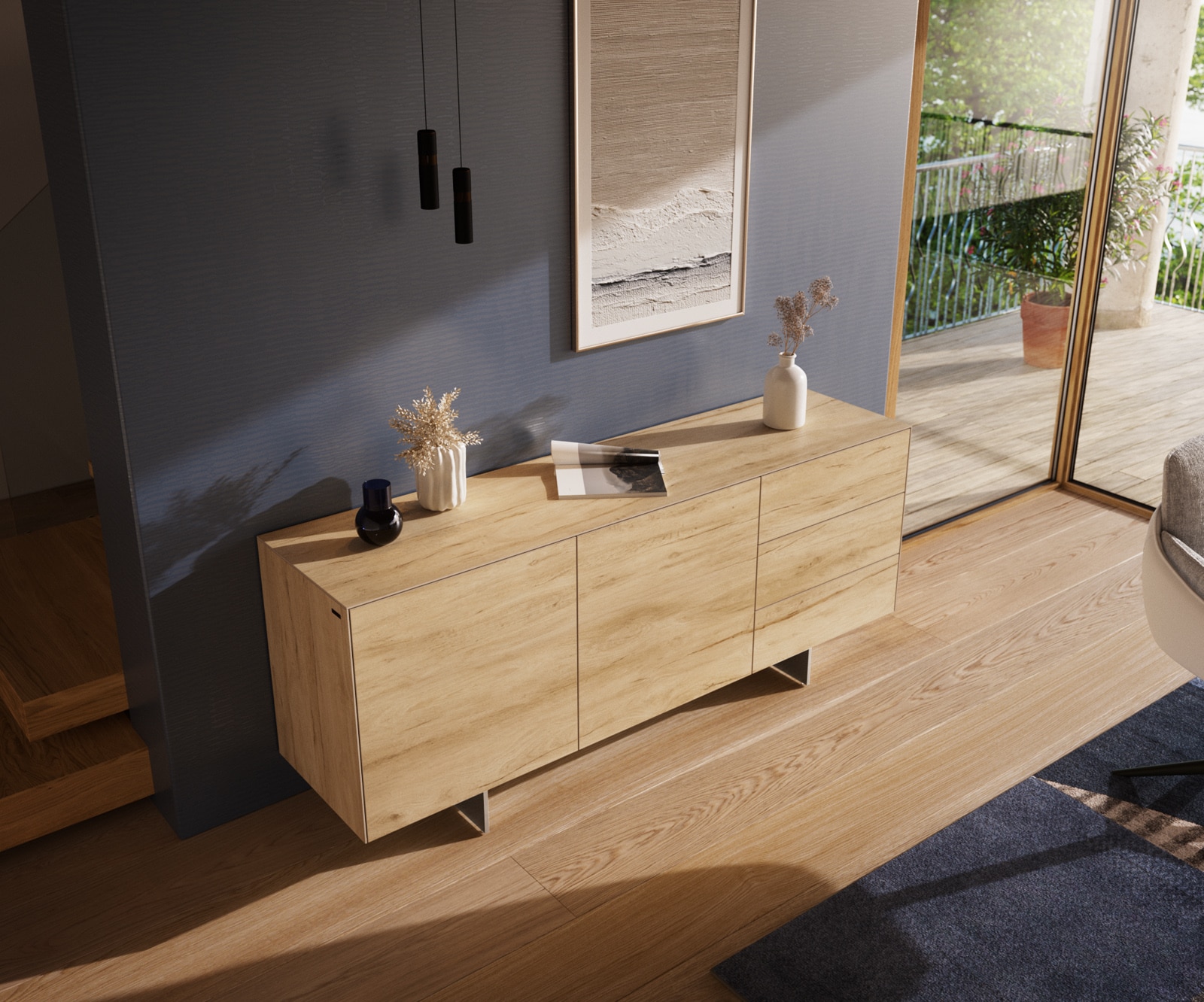 Sideboard Cuor 180 cm Keramik Laminam® Sabbia Eichefarbig 2 Türen 3 Schubfächer Fuß Schwebeoptik Edelstahl 3
