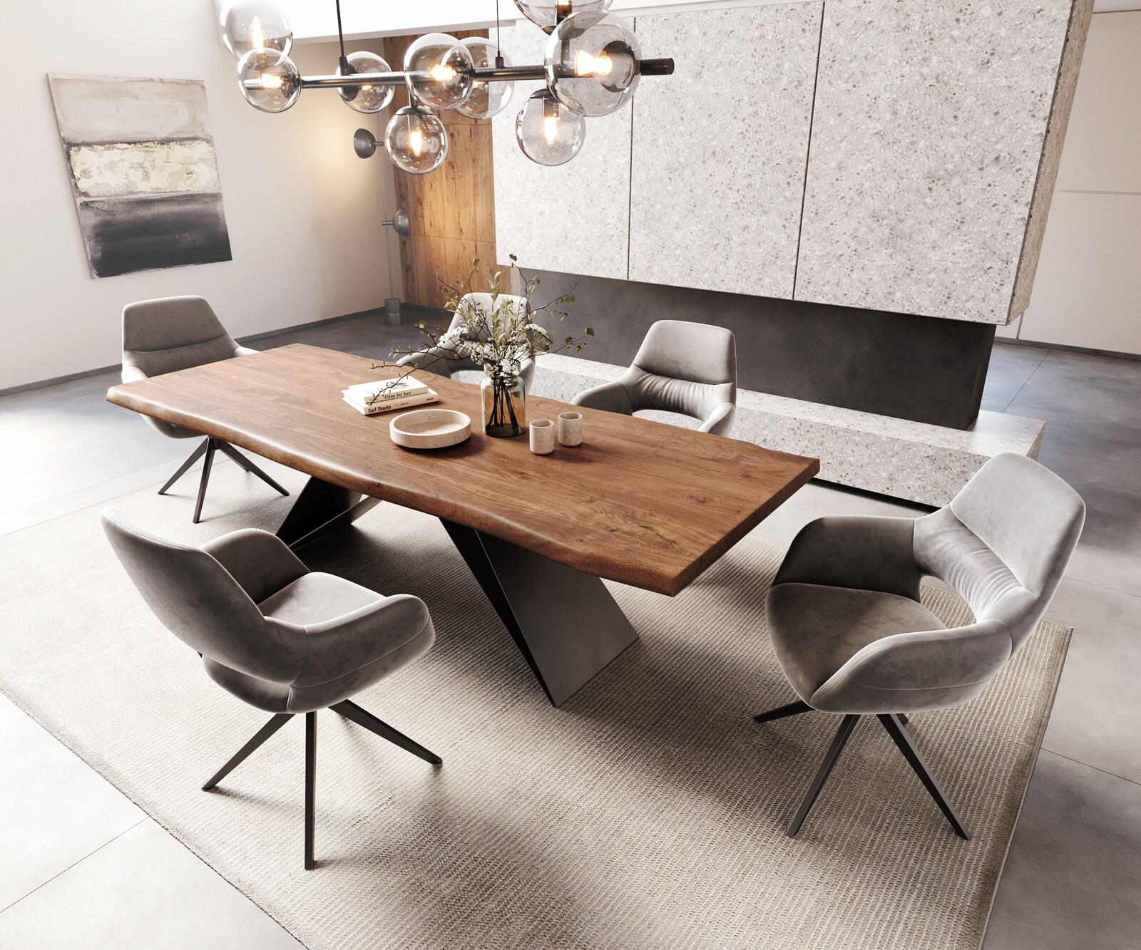 Esstisch Edge 260x100 XL Akazie Braun V-Gestell Flachstahl Schwarz Live-Edge 6