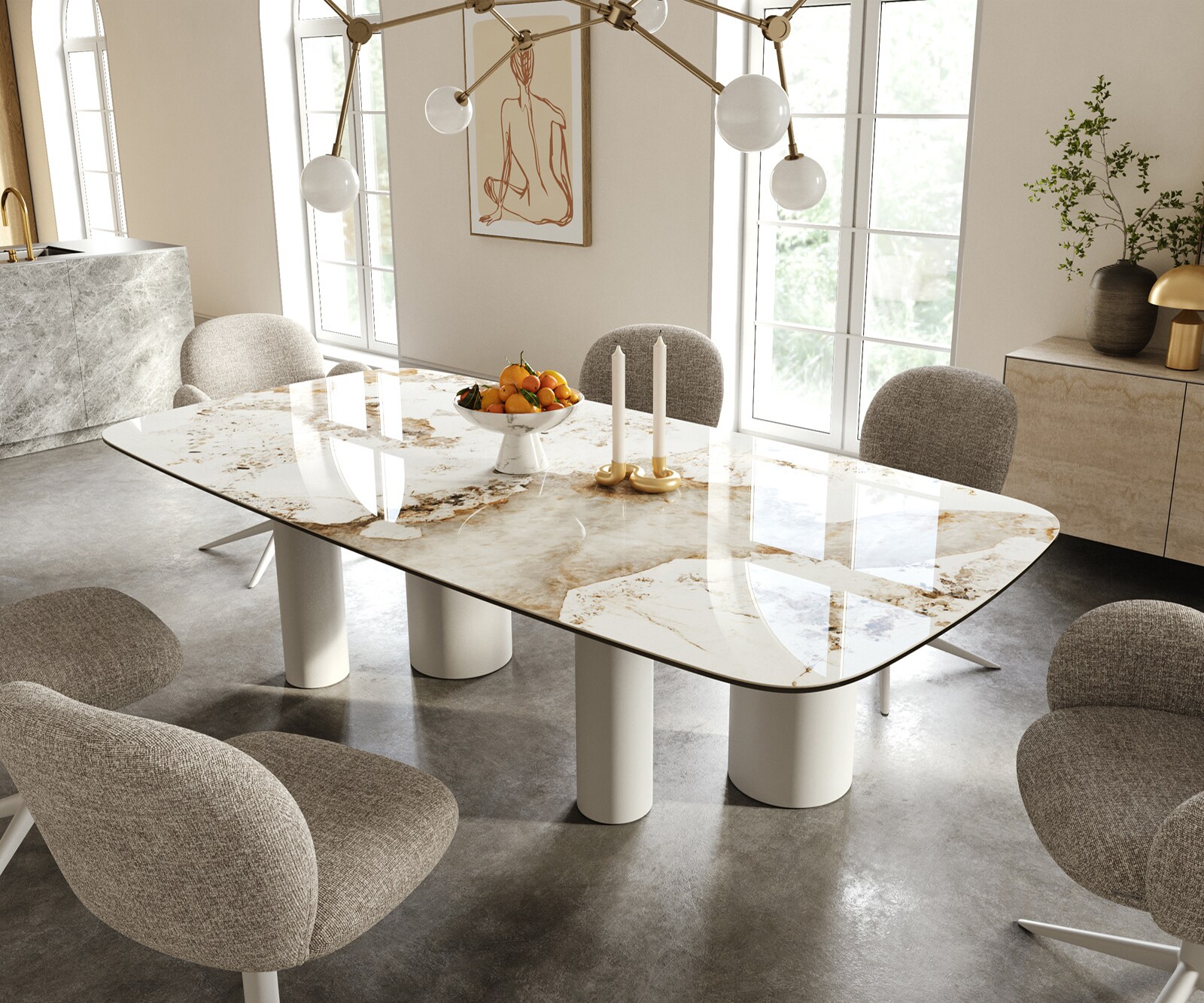 Esstisch Edge Boot 240x120 cm Keramik Minas Melange Weiß-Beige Pilier Metall Weiß 1