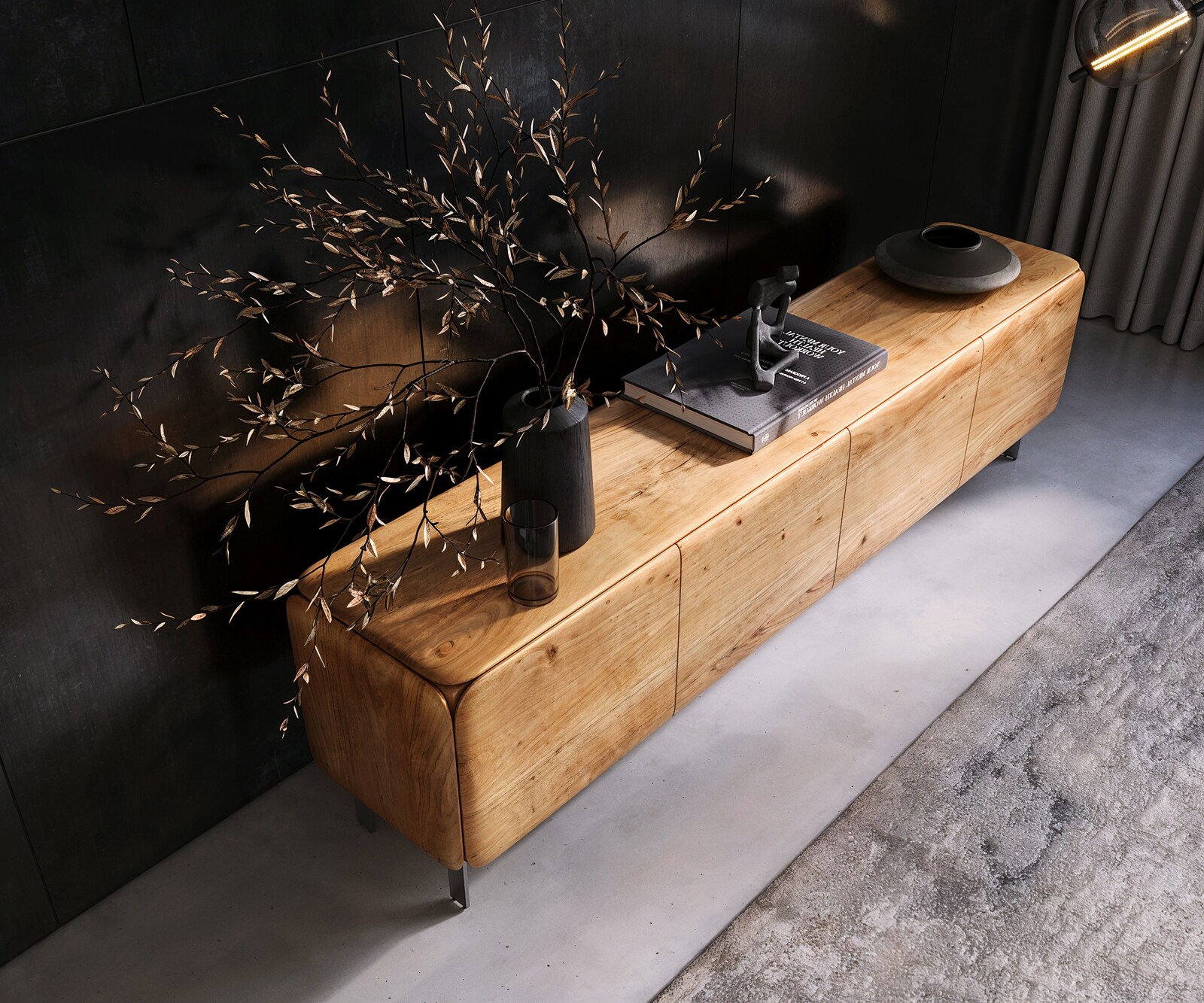 Lowboard Shavani 200 cm Akazie Natur 4 Türen L-Fuß Edelstahl Silber 4