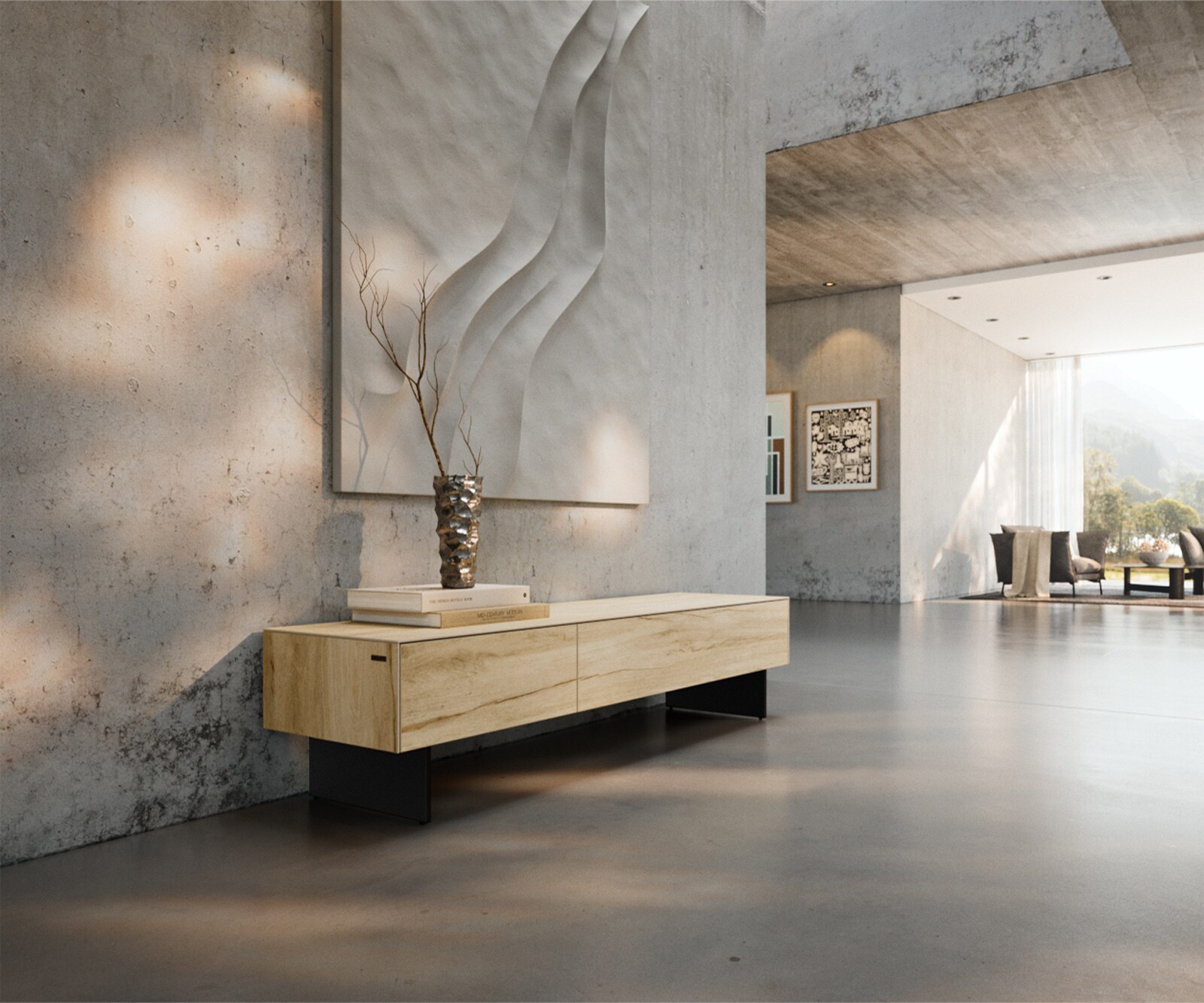 Lowboard Cuor 150 cm Keramik Laminam® Sabbia Eichefarbig 1 Klappe 1 Schubfach Fuß Schwebeoptik Metall Schwarz