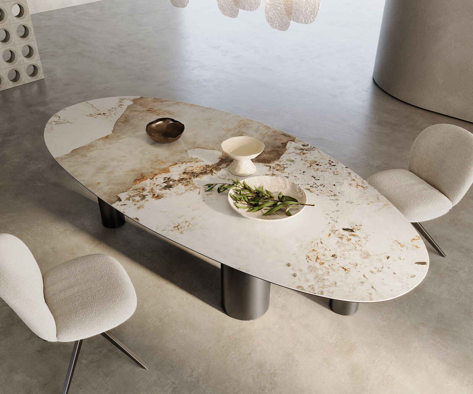 Esstisch Edge Oval 280x130 Keramik Minas Melange Weiß-Beige Pilier Edelstahl Graphit 1