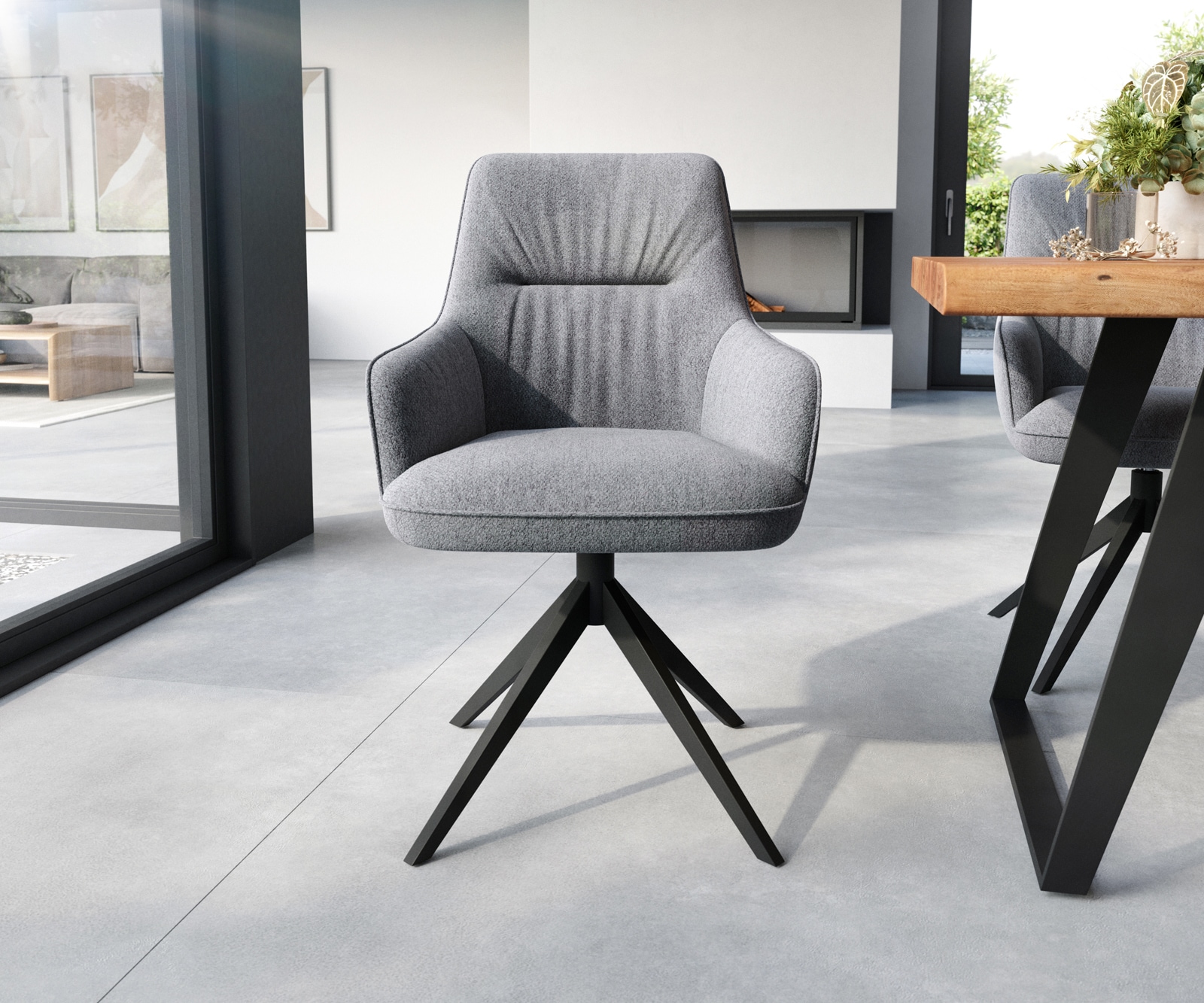 Esszimmerstuhl Zelia-Flex mit Armlehnen Strukturstoff Hellgrau Kreuzgestell breit Schwarz Taschenfederkern 1 Esszimmerstuhl Zelia-Flex mit Armlehnen Strukturstoff Hellgrau Kreuzgestell breit Schwarz Taschenfederkern 1