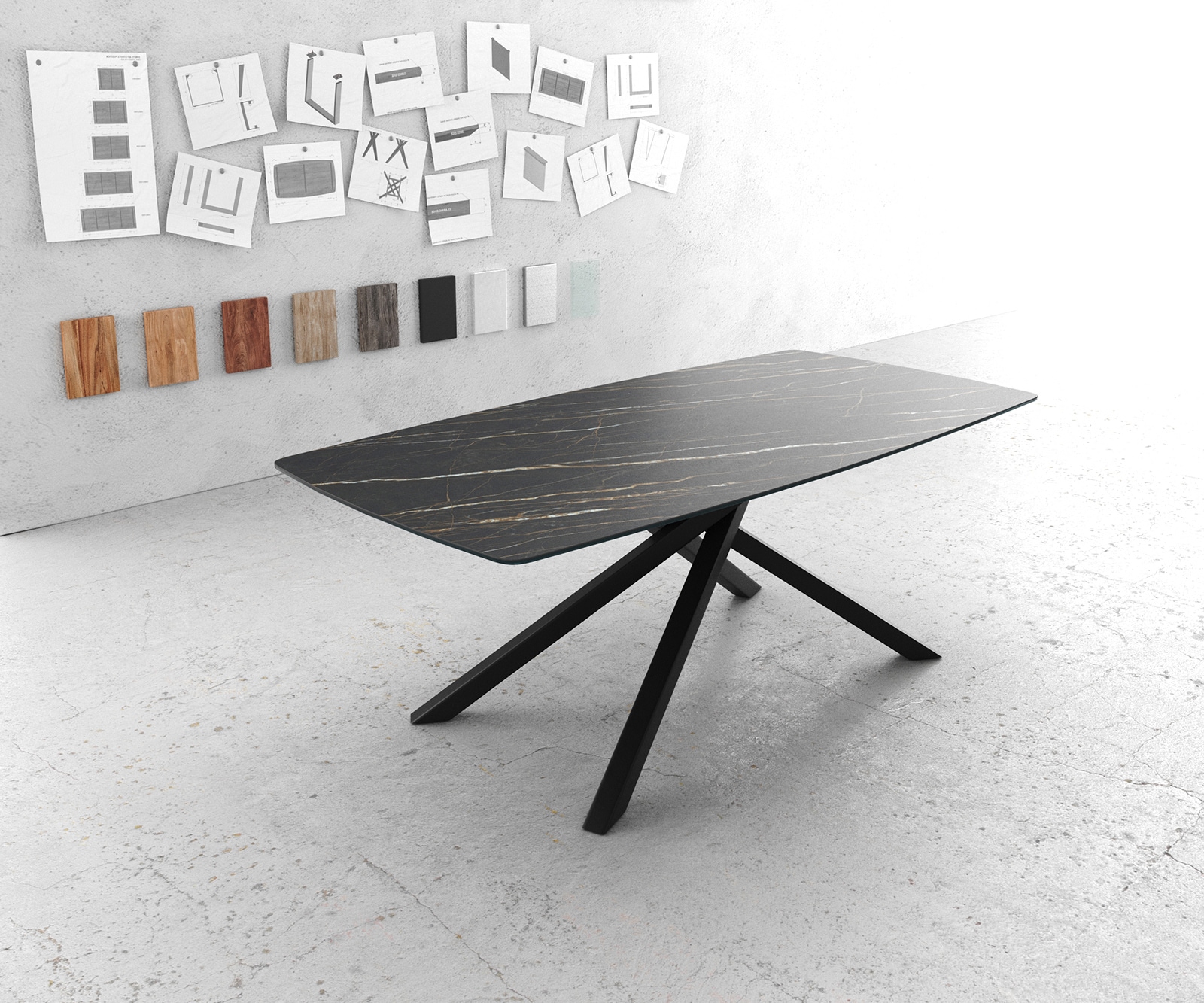 Esstisch Edge Bootsform 200x100cm Laminam® Keramik Noir Desir Braun Mittelfuß Kreuz Schwarz