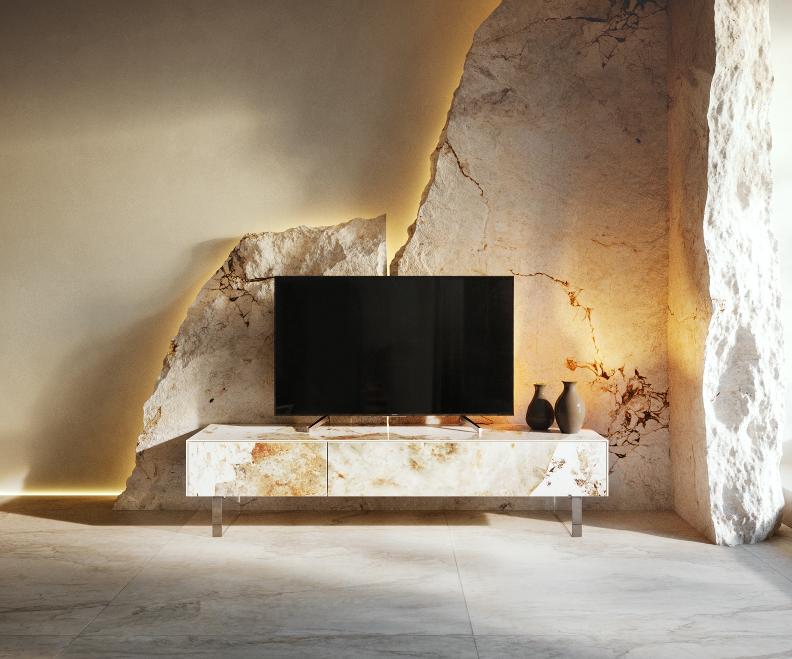 Lowboard Cuor 150 cm Keramik Minas Melange Weiß-Beige 1 Klappe 1 Schubfach Fuß Schwebeoptik Acrylglas Lowboard Cuor 150 cm Keramik Minas Melange Weiß-Beige 1 Klappe 1 Schubfach Fuß Schwebeoptik Acrylglas