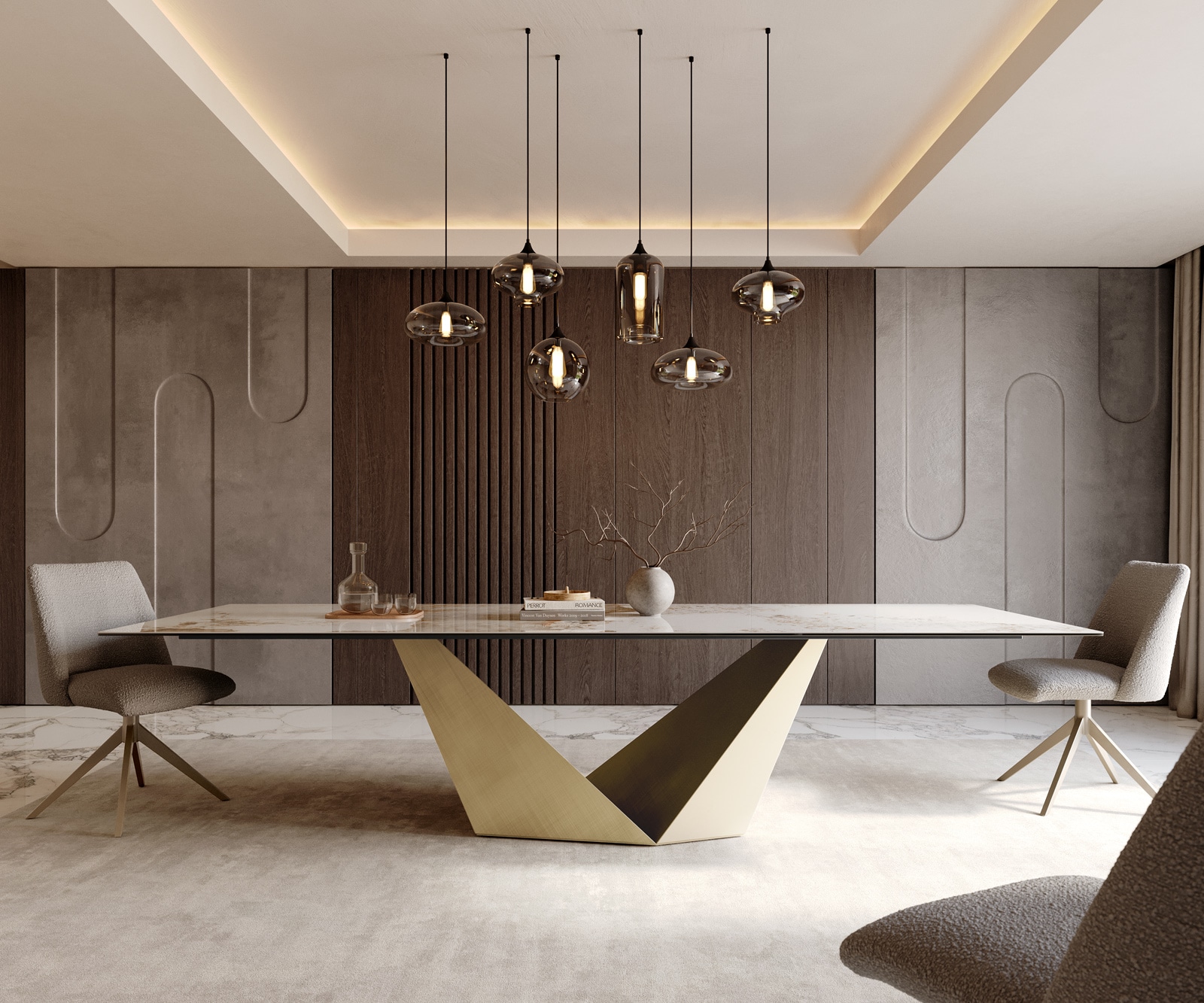 Esstisch Edge 300x100 Keramik Minas Melange Weiß-Beige Prisma Metallic Gold