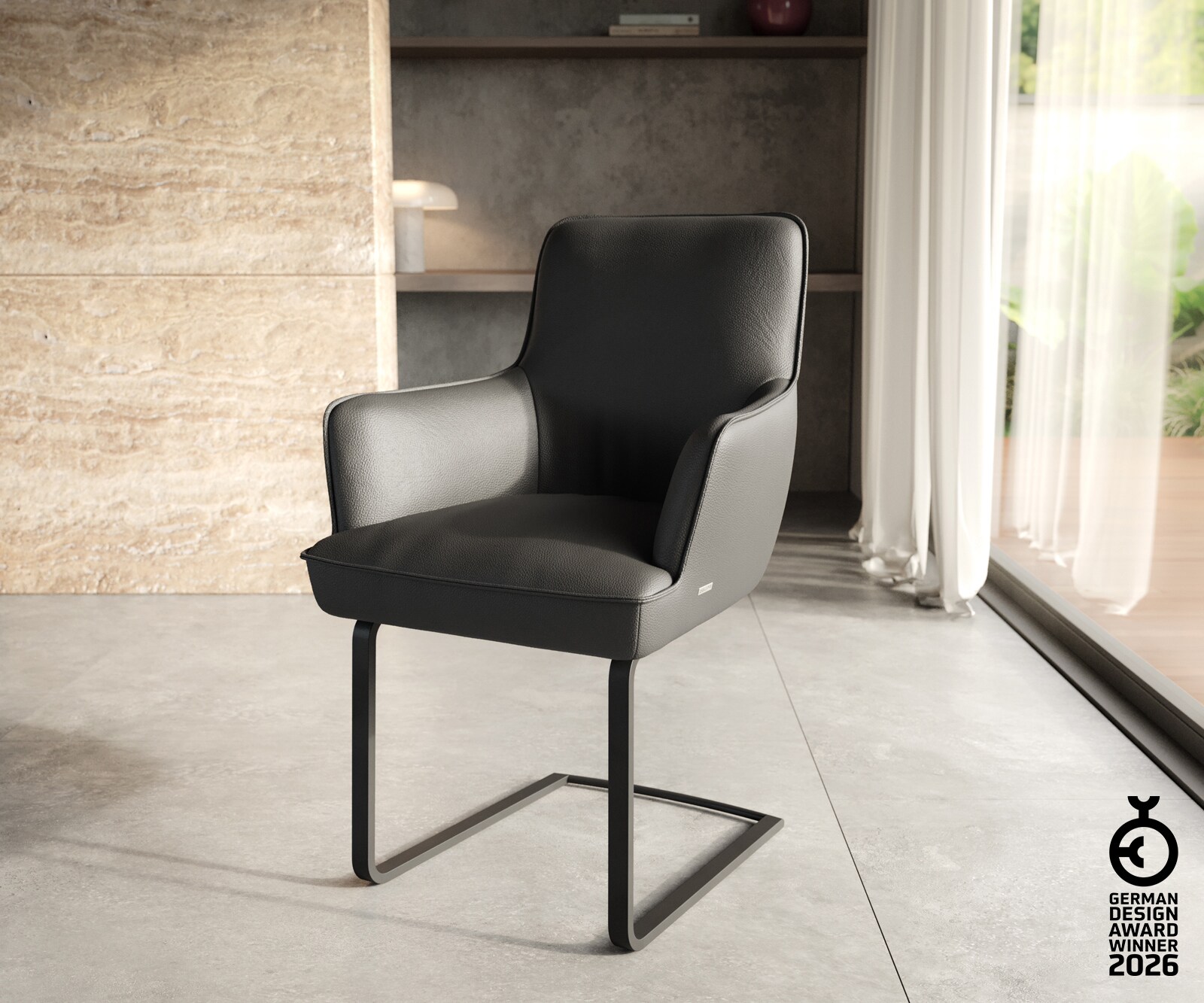 Freischwinger Heira-Flex mit Armlehnen Echt-Leder Schwarz Freischwinger flach Schwarz Taschenfederkern