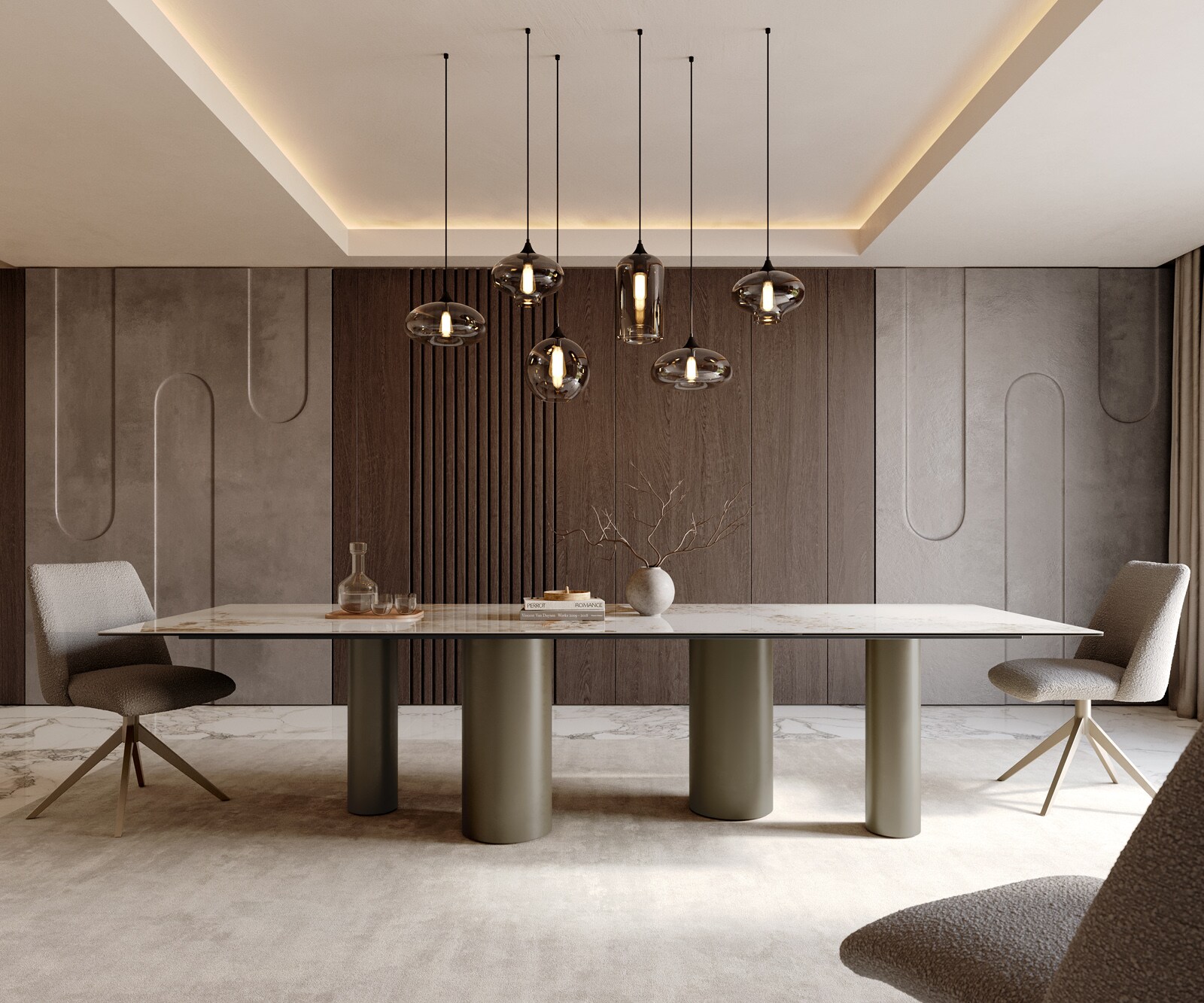 Esstisch Edge 300x100 Keramik Minas Melange Weiß-Beige Pilier Metall Effektfinish Titan 2