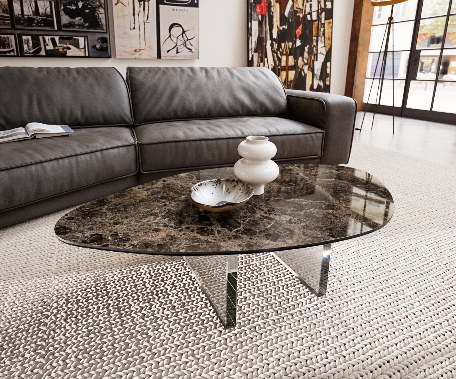 Couchtisch Edge Organisch 140x76 cm Keramik Emperador Extra Lucidato Dunkelbraun Lumia Acryl 1