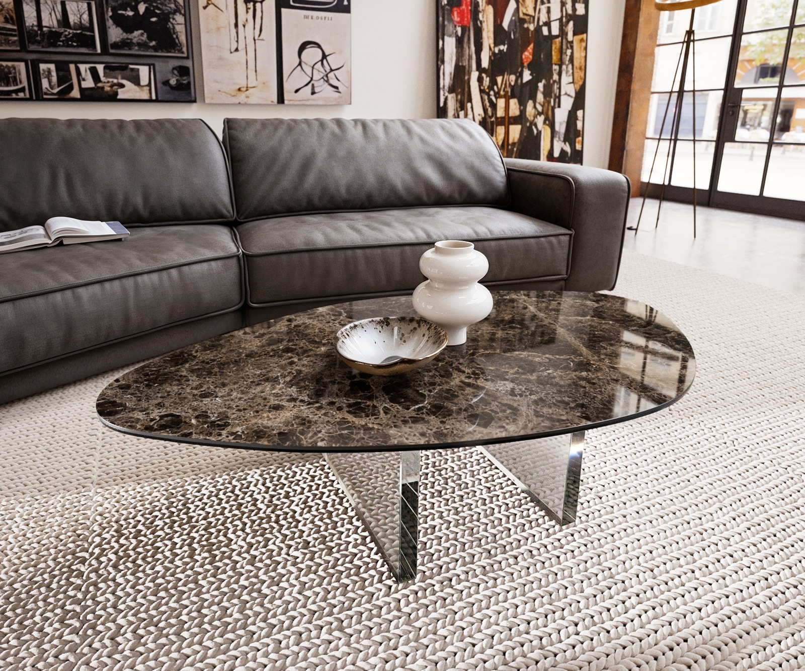 Couchtisch Edge Organisch 140x76 cm Keramik Emperador Extra Lucidato Dunkelbraun Lumia Acryl