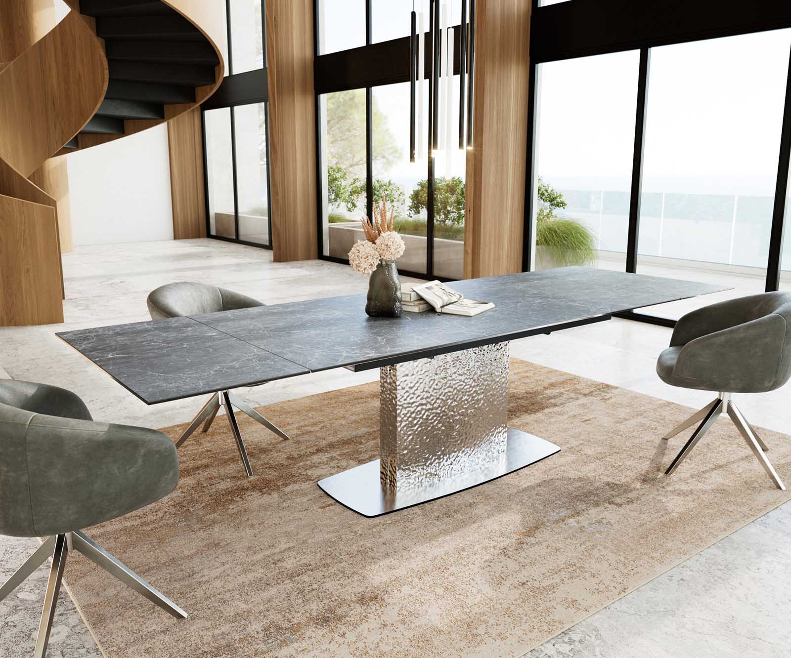 Esstisch Edge 200-300x100 Keramik Laminam®Nero Greco Anthrazit Wave Edelstahl ausziehbar 5
