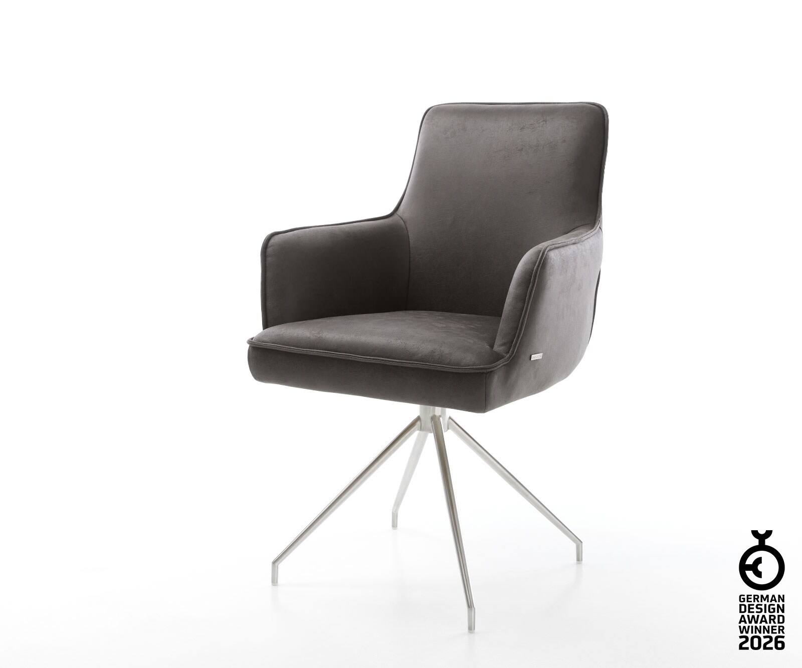 Drehstuhl Heira-Flex mit Armlehnen Mikrofaser Anthrazit Vintage Kreuzgestell konisch Edelstahl 180° drehbar Taschenfederkern