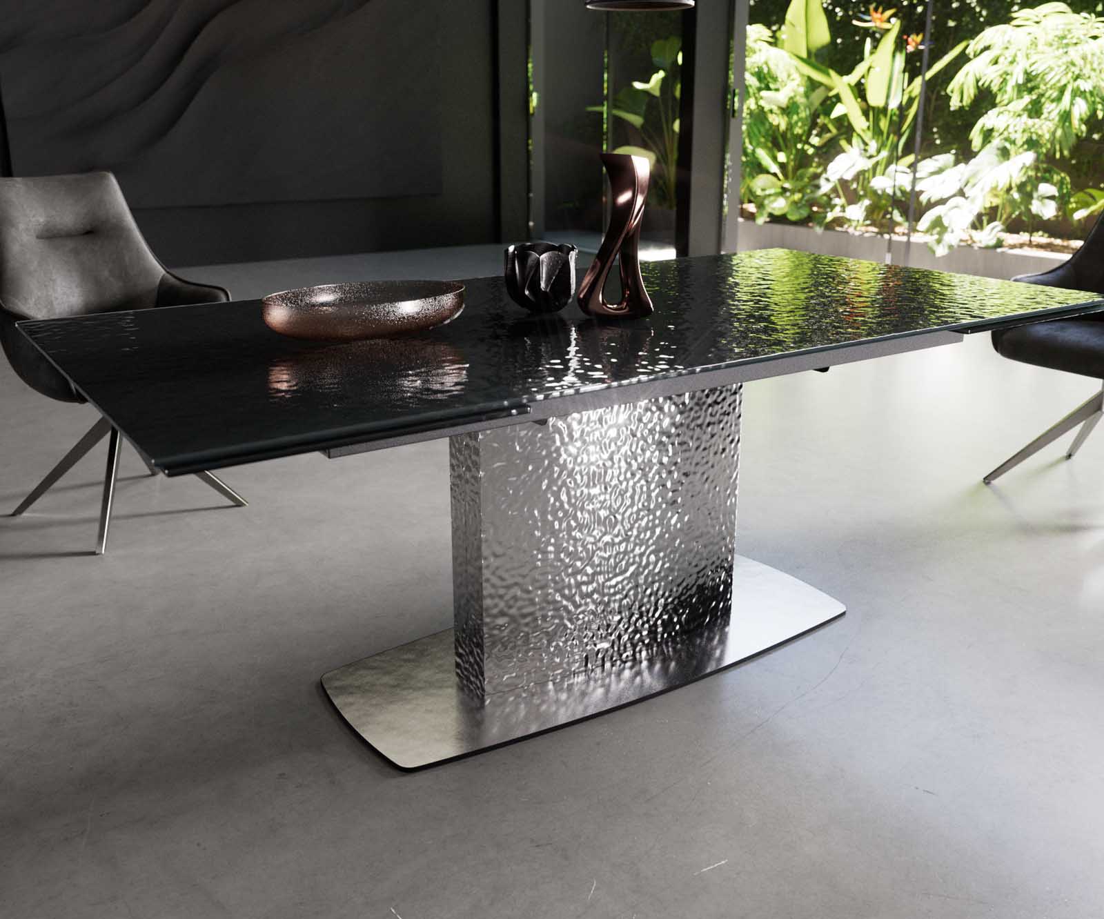 Esstisch Edge 200-300x100 Reliefglas Rauchschwarz 3D-Design Wave Edelstahl ausziehbar 5