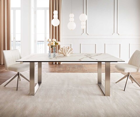 Esstisch Edge 200x100 Keramik Calacatta Luxe Weiß-Gold-Grau Edelstahl Schmal