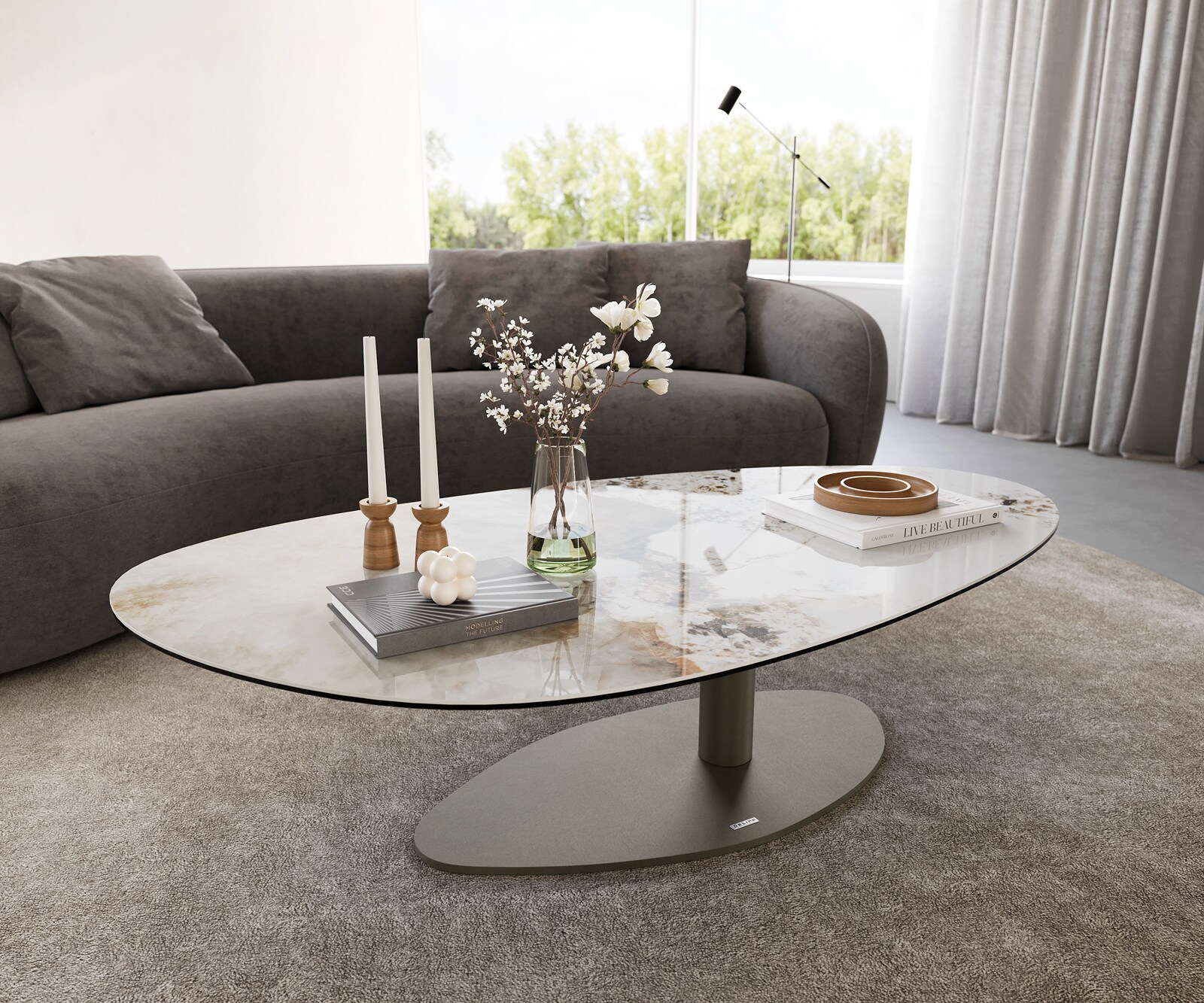 Couchtisch Edge Oval 140x75 cm Keramik Minas Melange Vibany Metall Effektfinish Titan