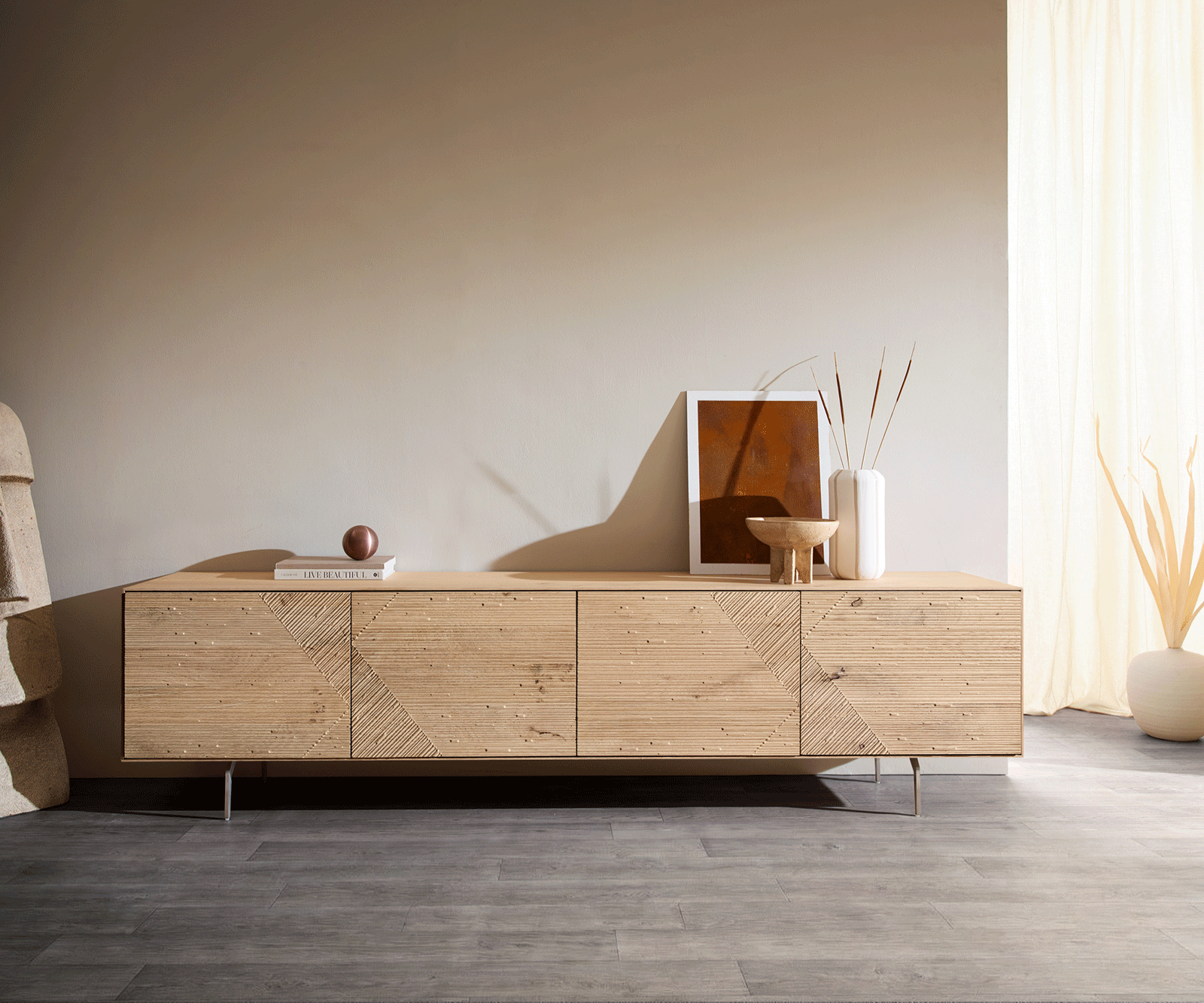 Lowboard Tereos 220 cm Eiche Natur 3D Effekt 4 Türen Winkelfuß Edelstahl gebürstet 5