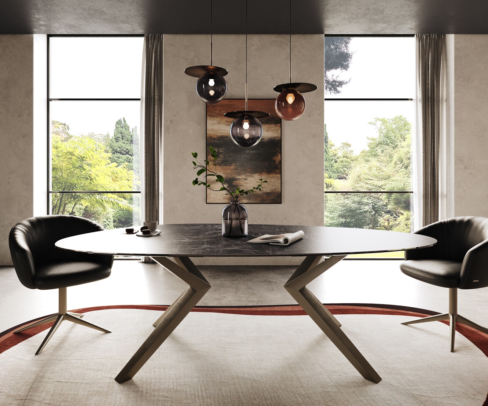 Esstisch Edge Oval 220x120 Keramik Laminam® Nero Greco Anthrazit Zenthara kantig Metall Effektfinish Titan 1