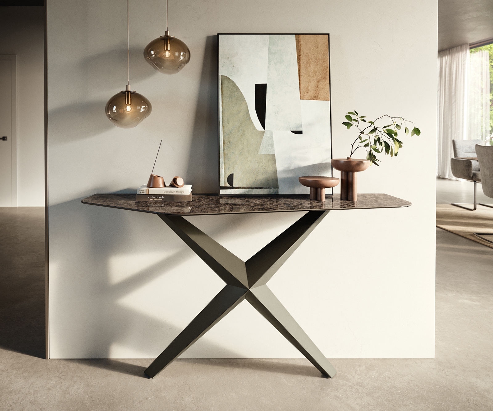Konsolentisch Edge Polygonal 140x50 cm Keramik Emperador Extra Lucidato Dunkelbraun Zentharo Metall Effektfinish Titan